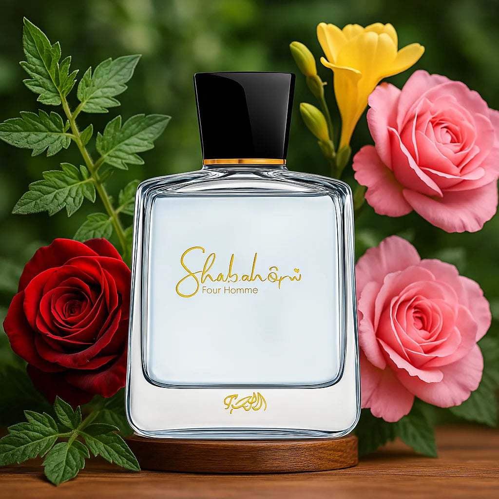 Shuhrah Pour Homme Rasasi Eau de Parfum Para Hombre con fondo de flores