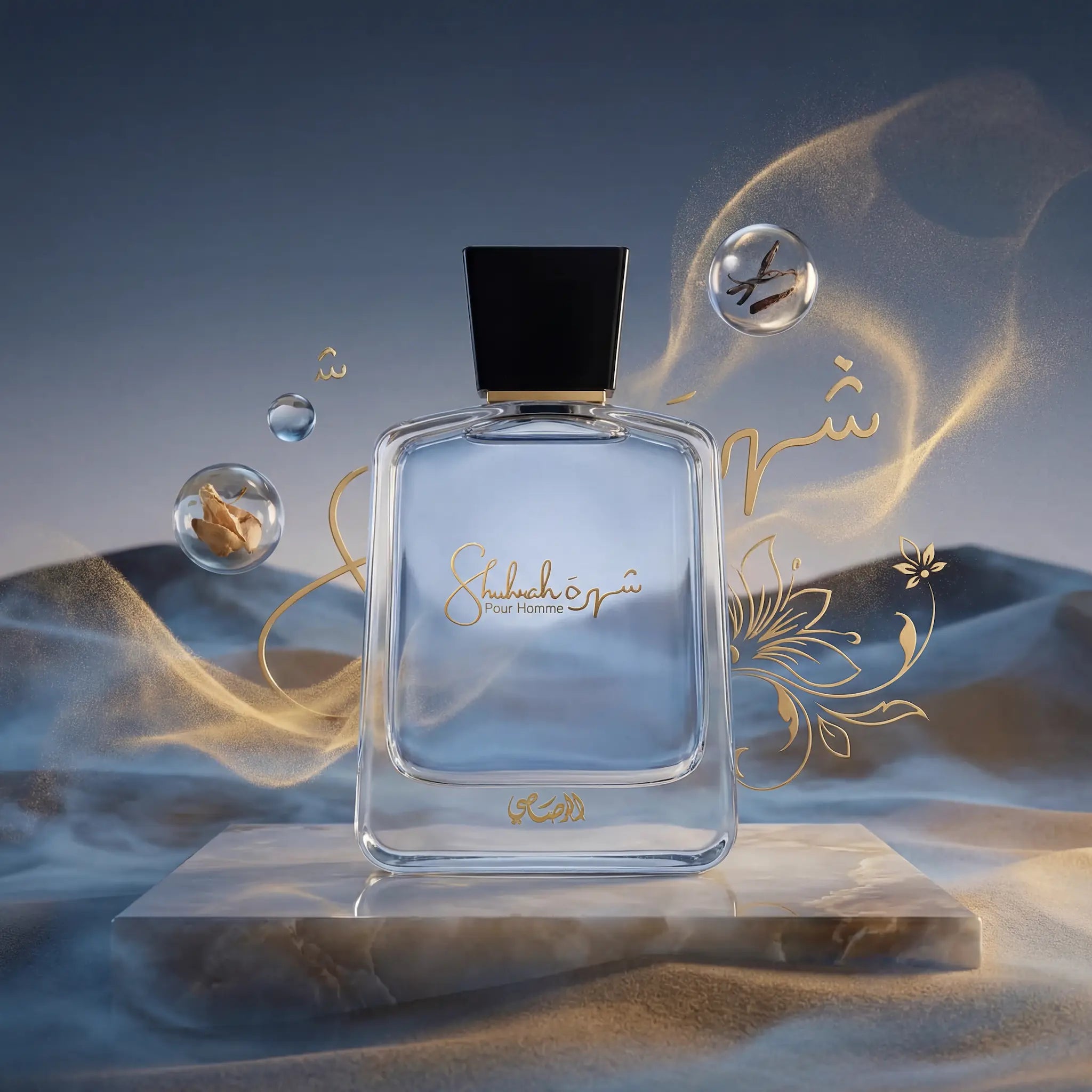 Shuhrah Pour Homme Rasasi Eau de Parfum Para Hombre con fondo creativo con detalles deserticos
