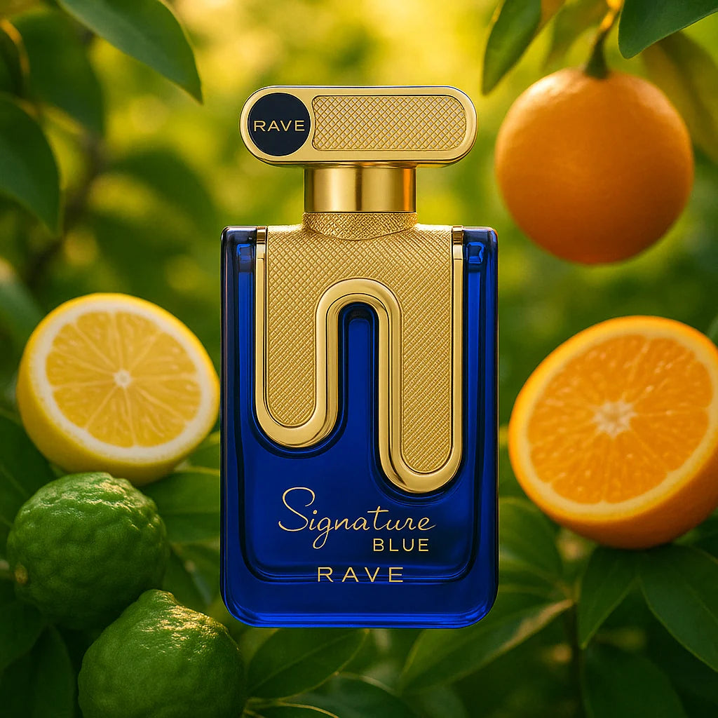 Signature Blue Rave Eau de Parfum Para Hombre con fondo de frutas