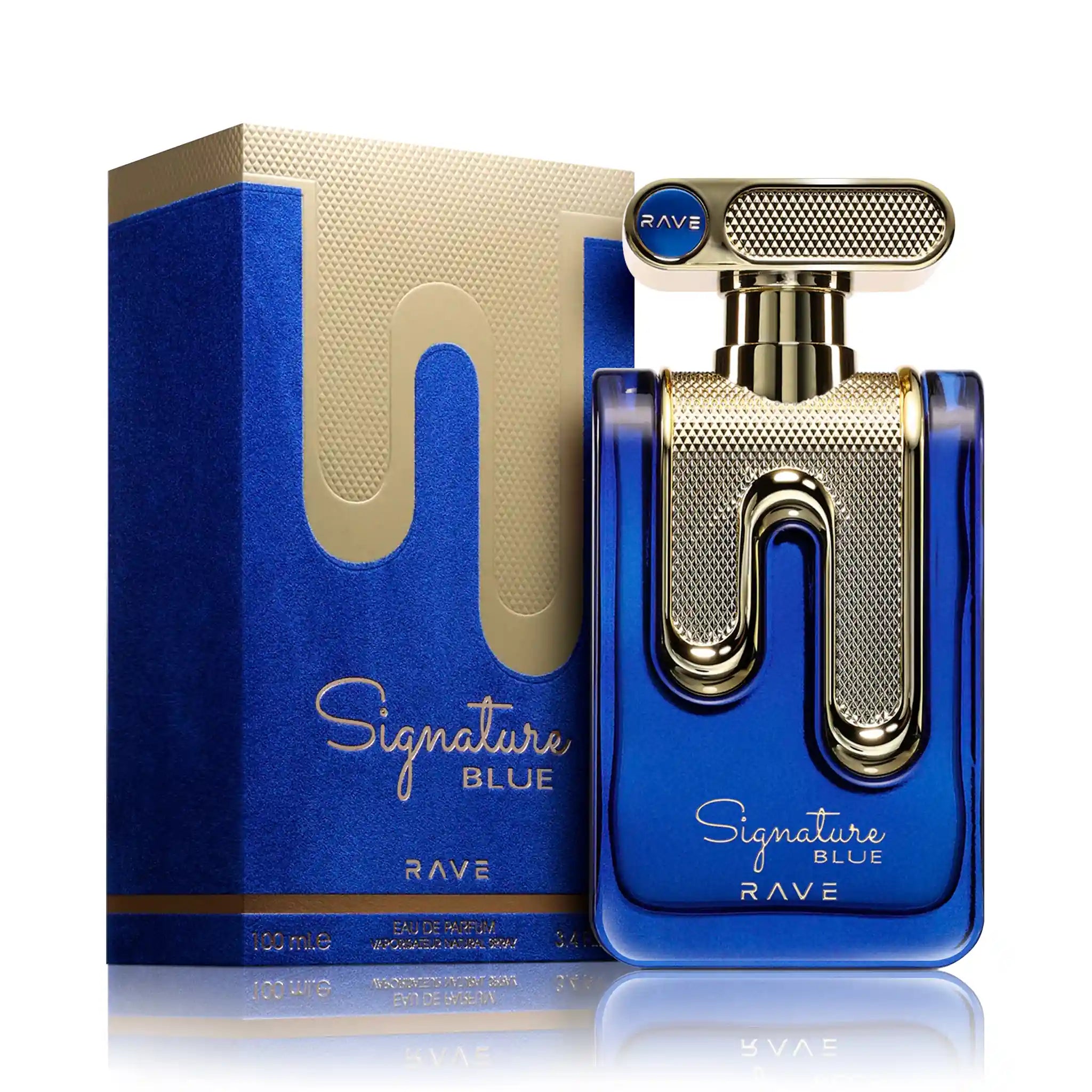 Frasco y caja de Signature Blue Rave Eau de Parfum Para Hombre