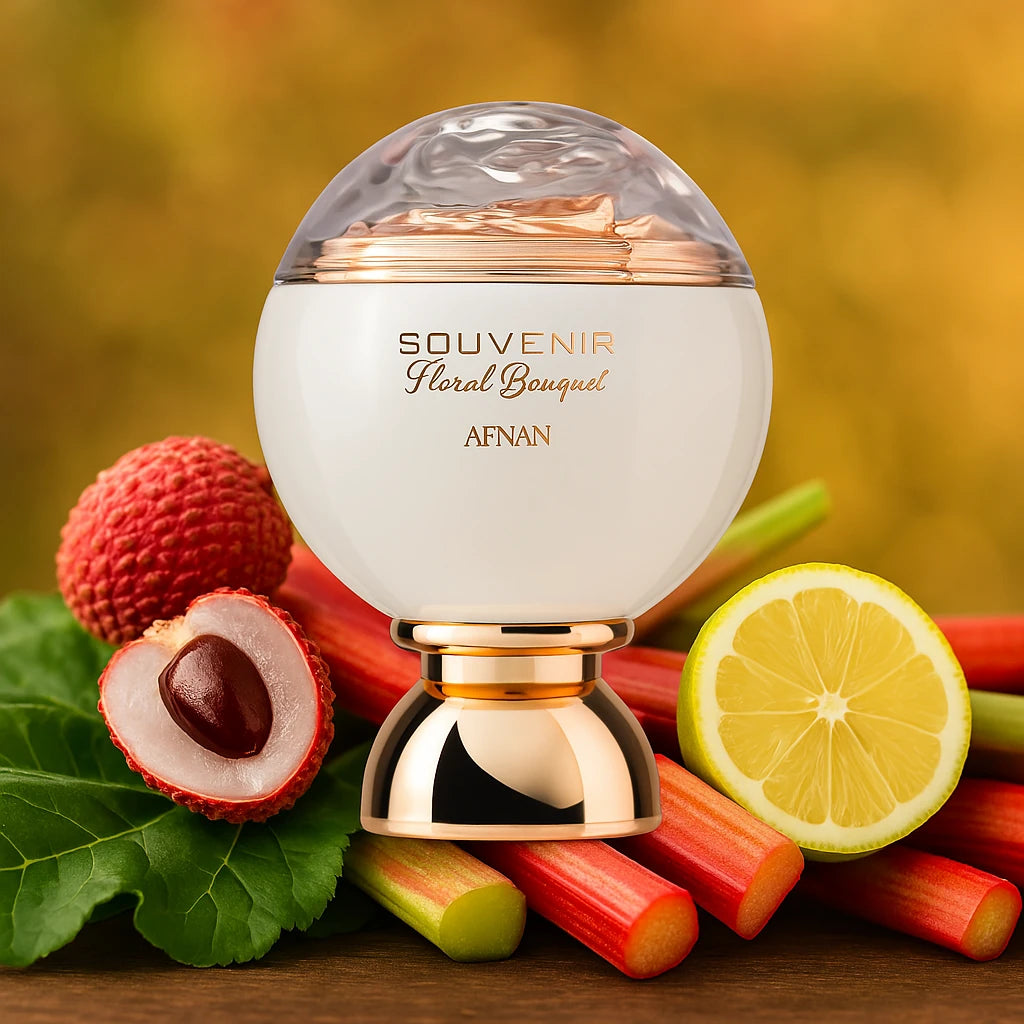 Souvenir Floral Bouquet Afnan Eau de Parfum Para Mujer con fondo de frutas