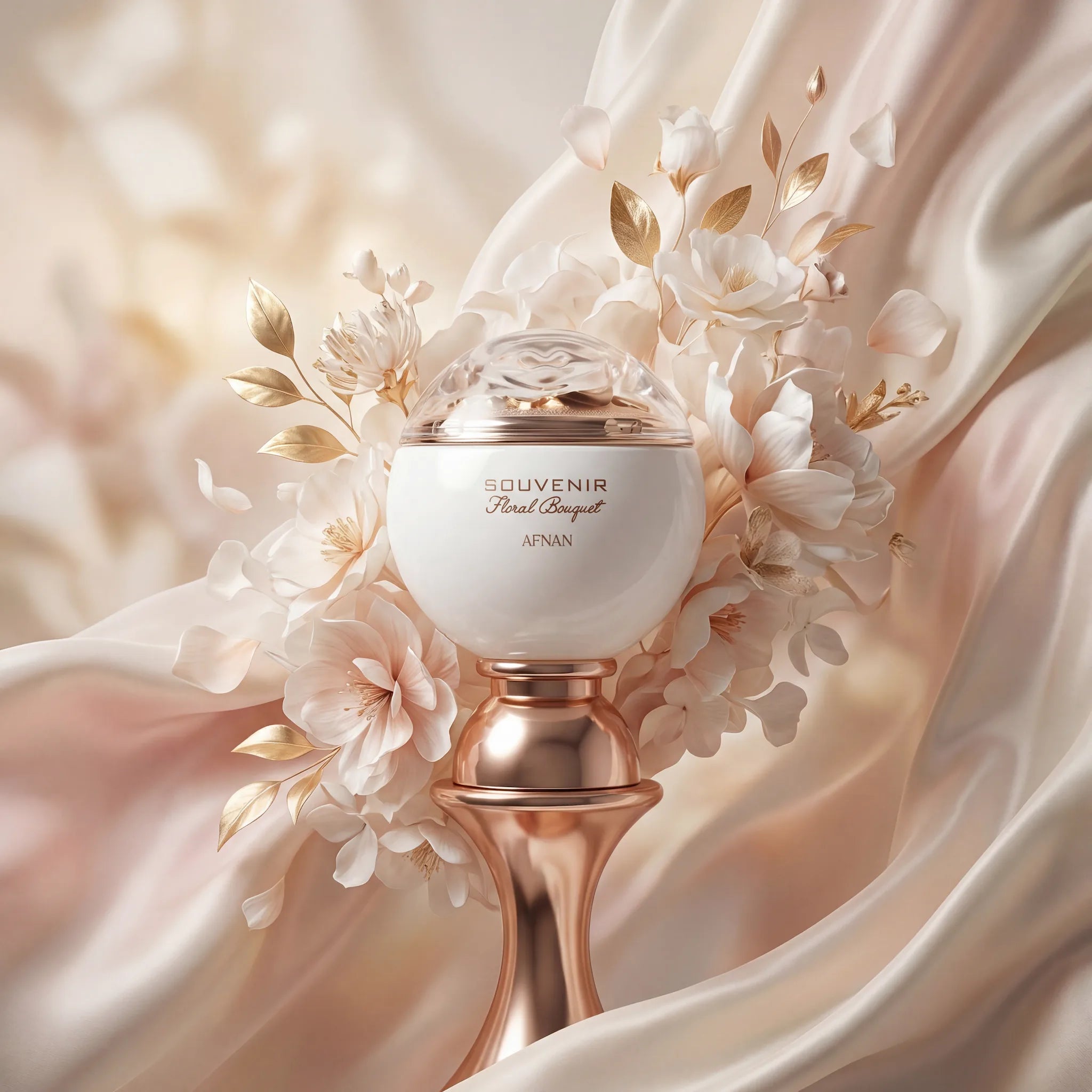 Souvenir Floral Bouquet Afnan Eau de Parfum Para Mujer con fondo creativo de flores