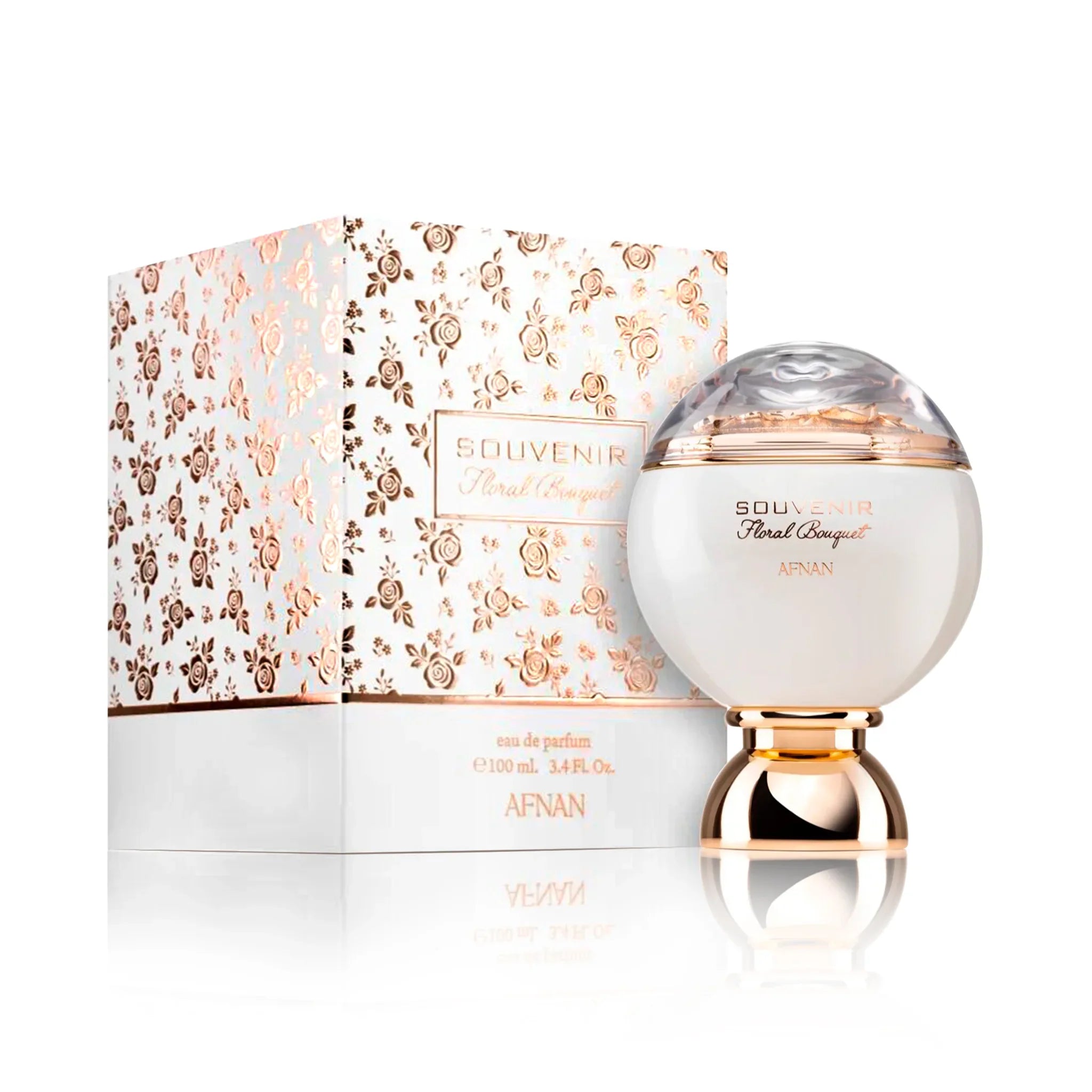 Frontal del Souvenir Floral Bouquet Afnan Eau de Parfum Para Mujer con su caja