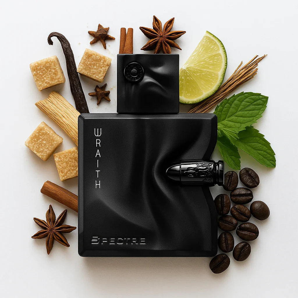 Spectre Wraith French Avenue Eau de Parfum Para Hombre con fondo de ingredientes