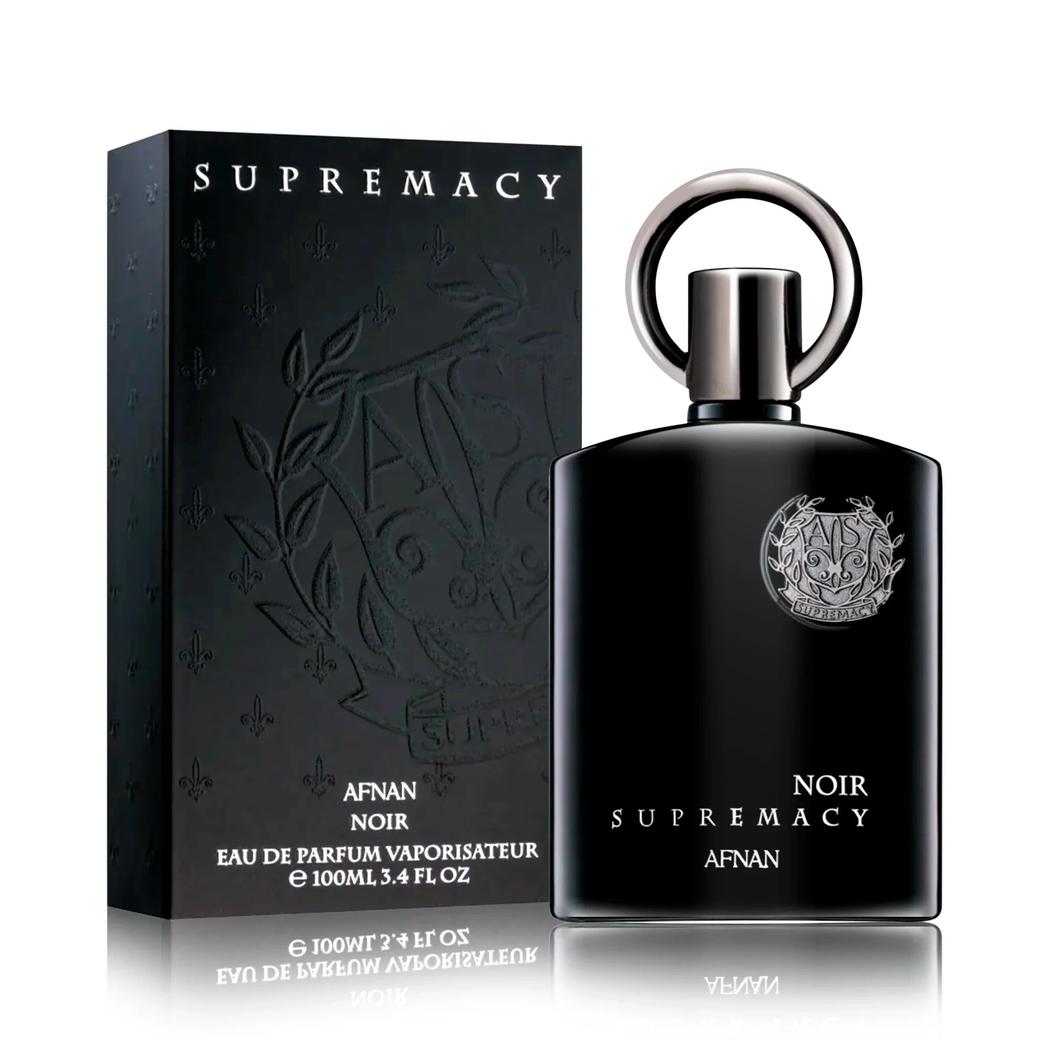 Frasco y caja de Supremacy Noir Afnan Eau de Parfum Para Hombre