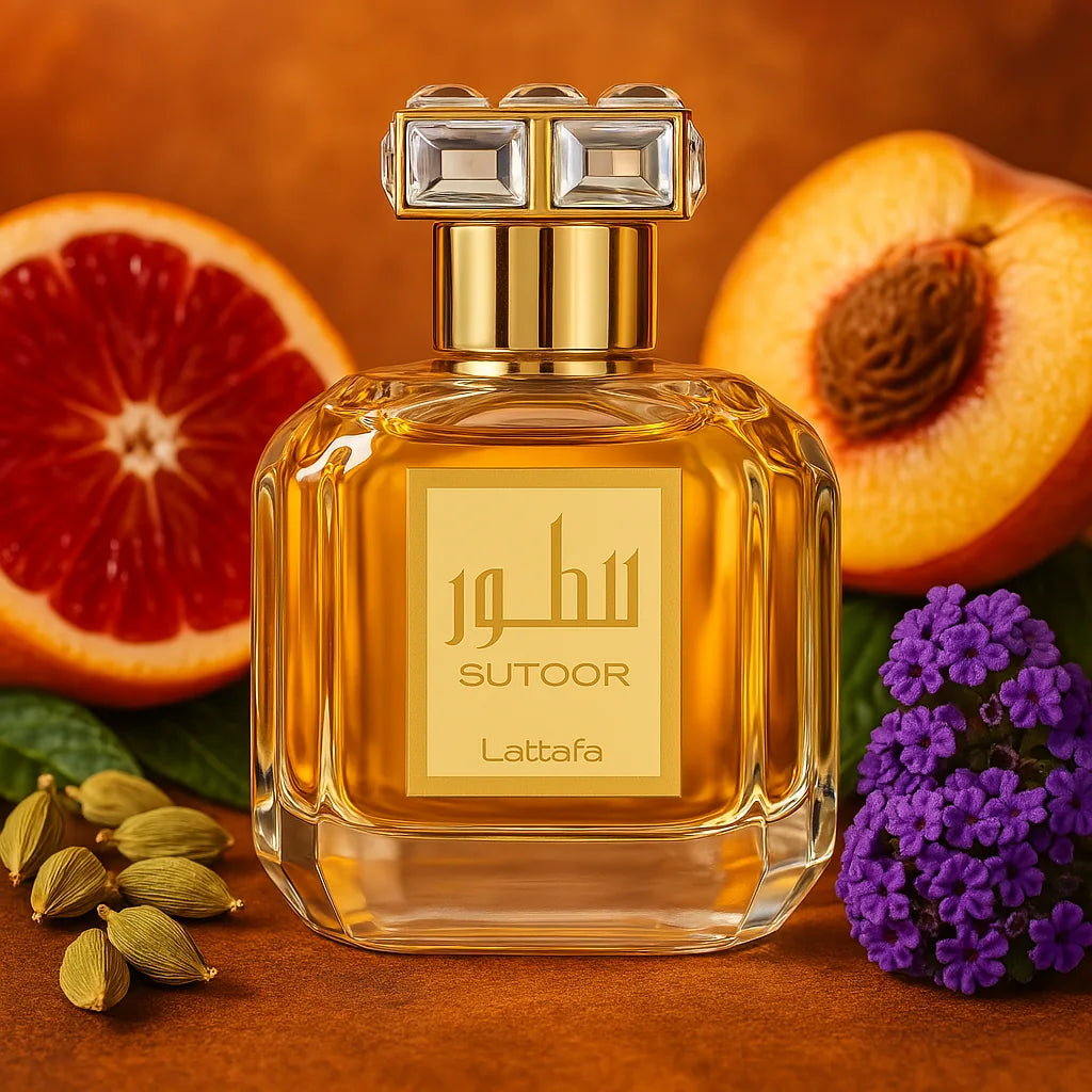 Sutoor Lattafa Eau de Parfum Para Mujer con fondo de frutas