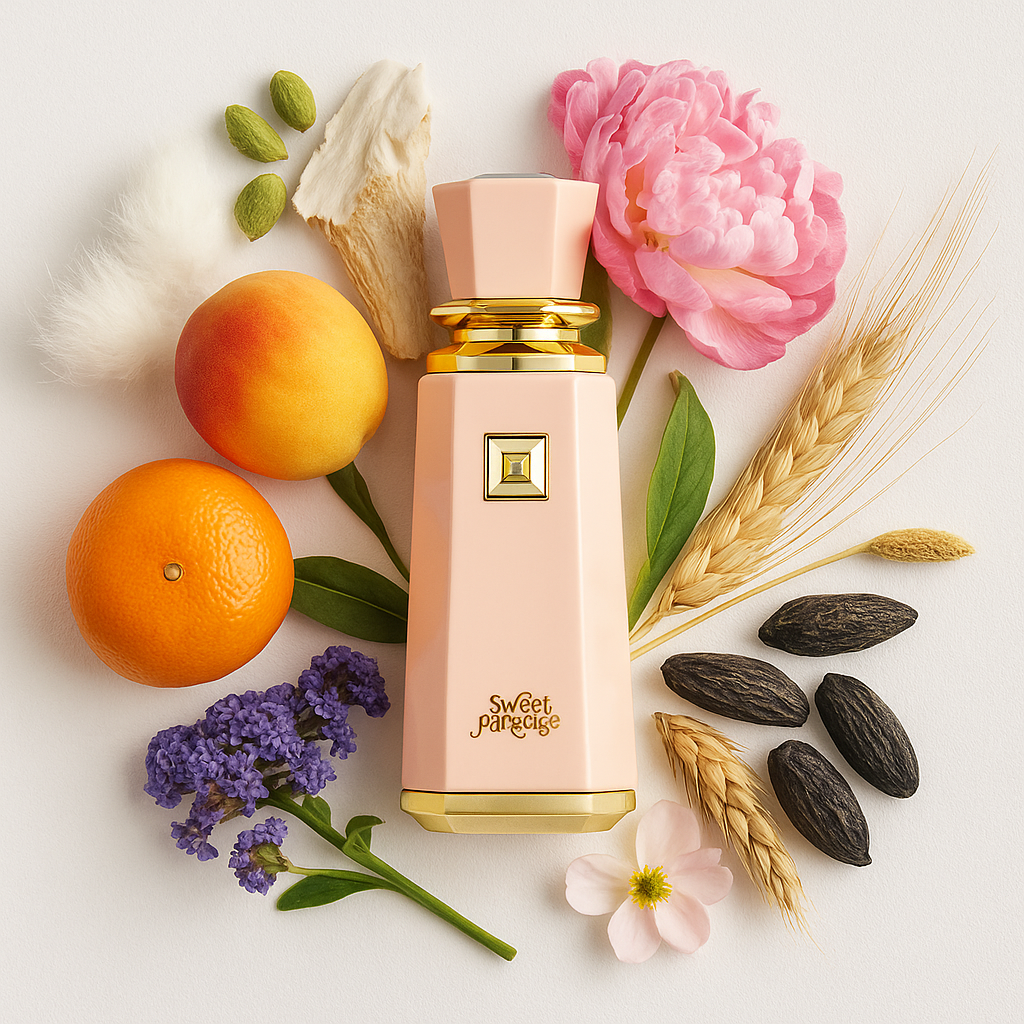 Sweet Paradise French Avenue Eau de Parfum Para Mujer con fondo de ingredientes