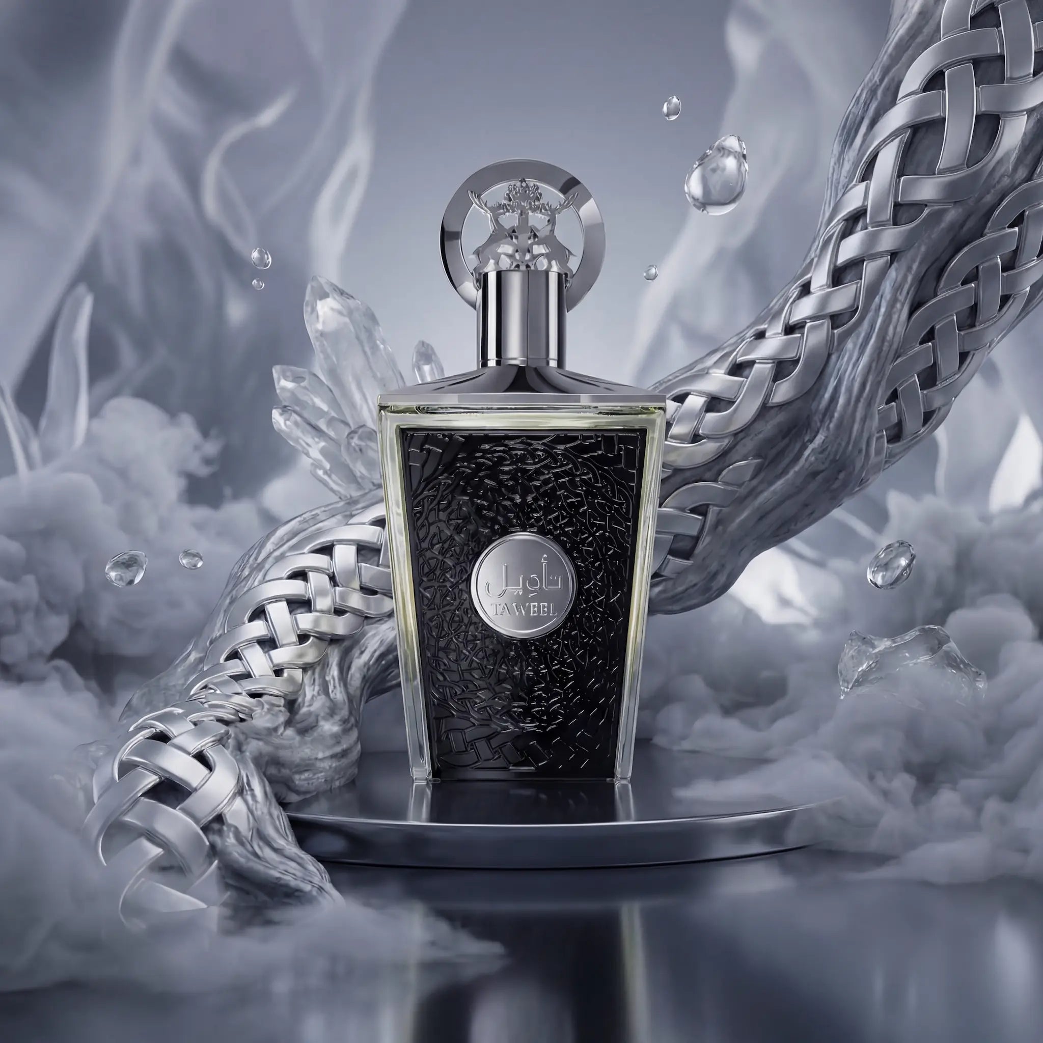 Ta weel Lattafa Eau de Parfum Para Hombre con fondo creativo de una serpiente plateada