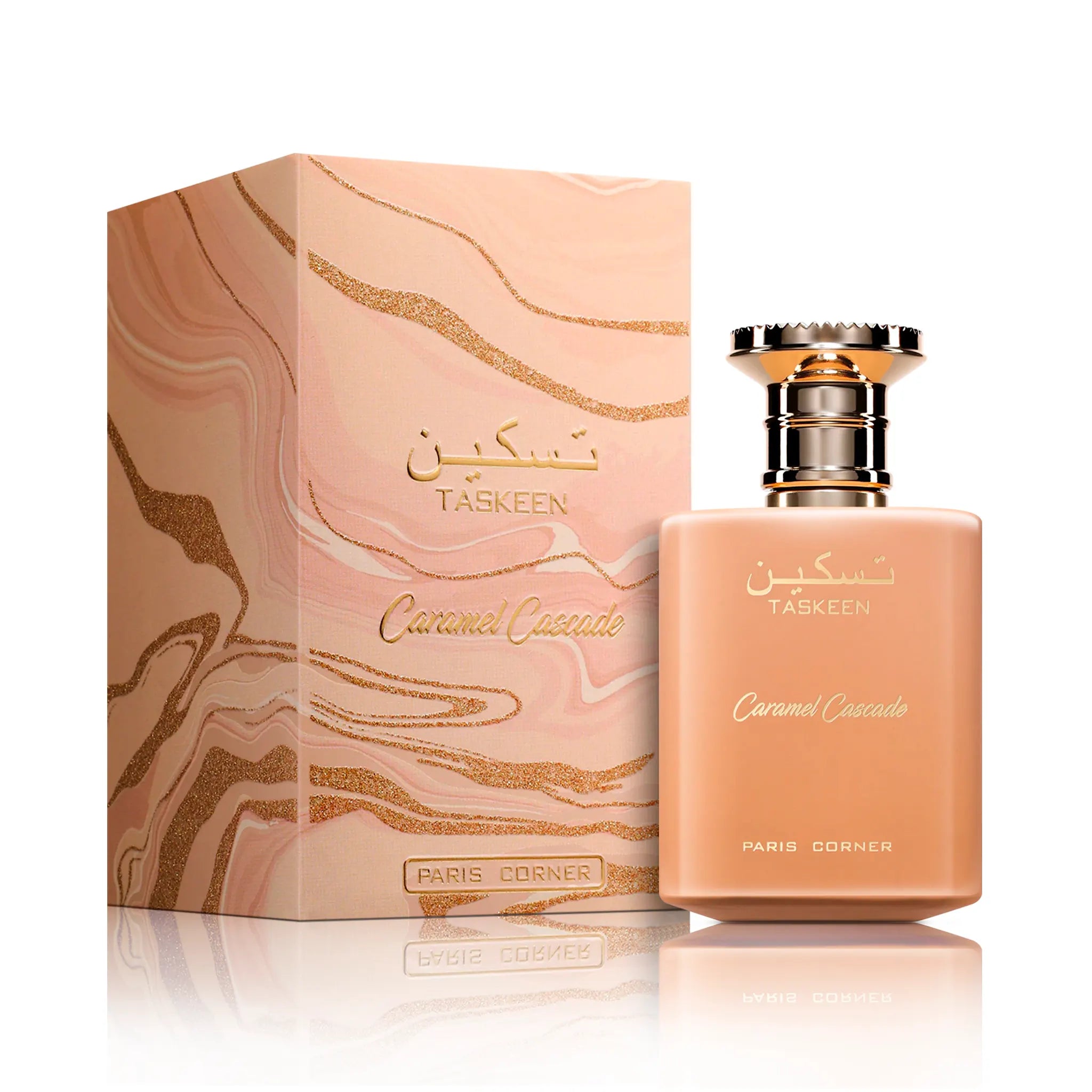 Frasco y caja de Taskeen Caramel Cascade Paris Corner Eau de Parfum Para Mujer