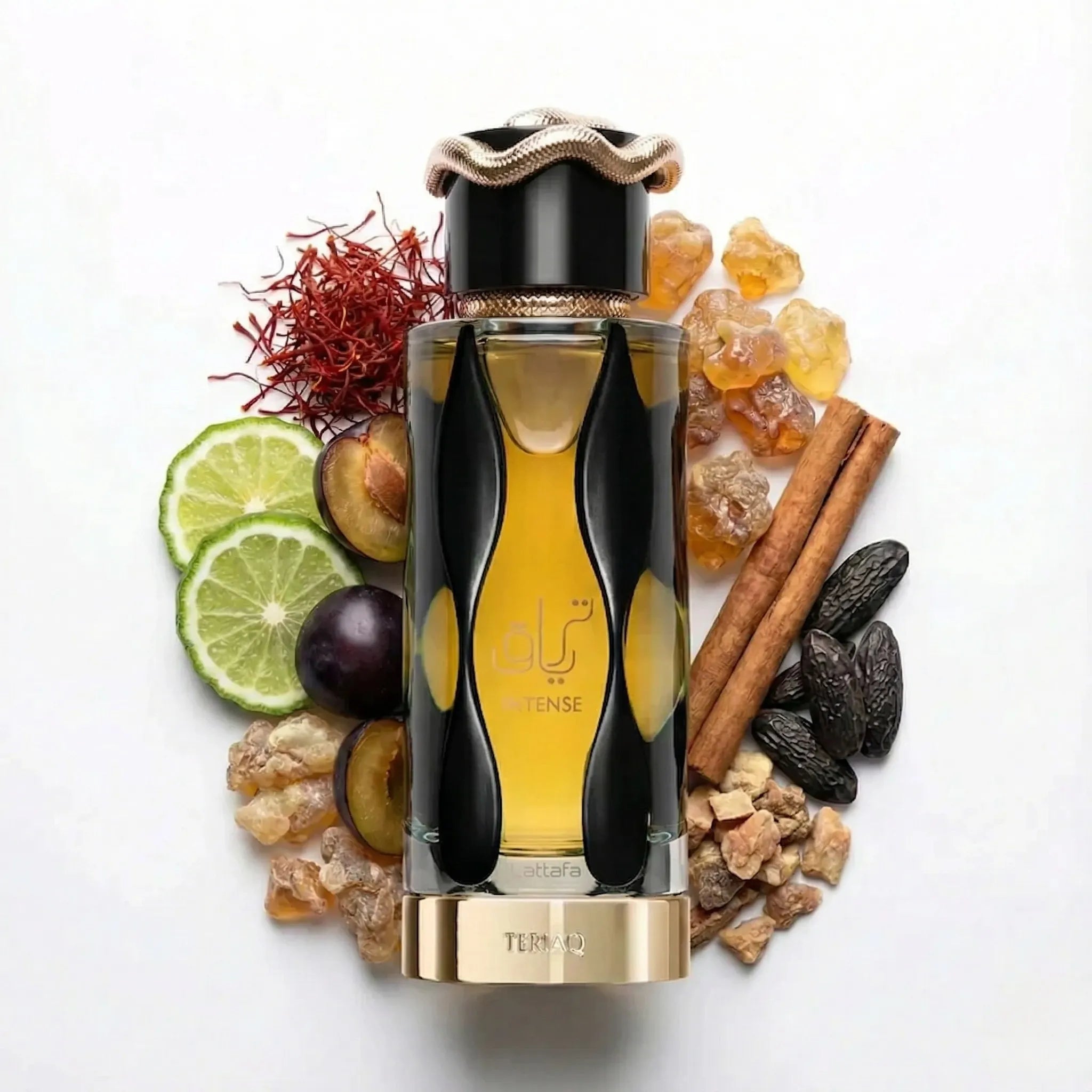 Teriaq_Intense_Lattafa_Eau_de_Parfum_Unisex_Fondo_Blanco_Canela_Bergamota