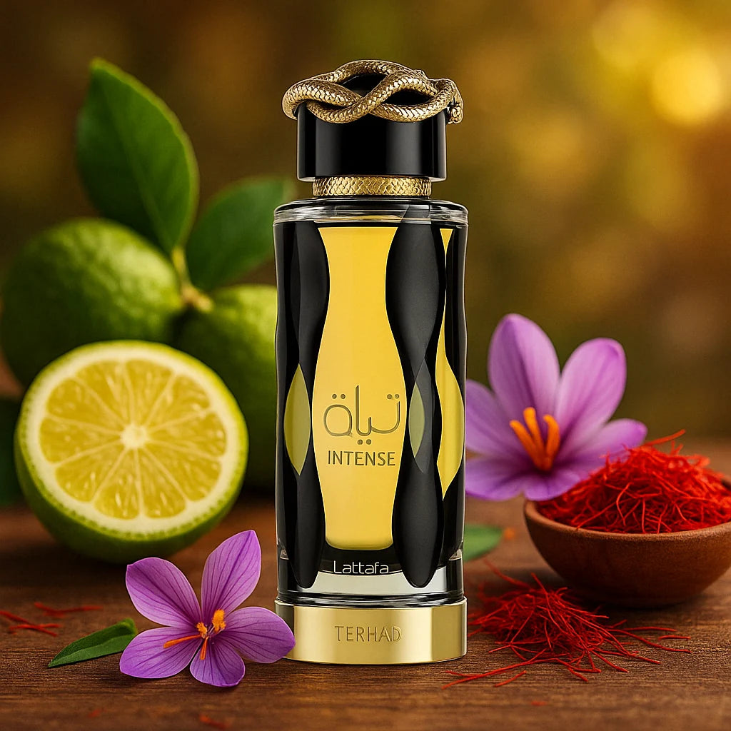 Teriaq Intense Lattafa Eau de Parfum Unisex con fondo de lima