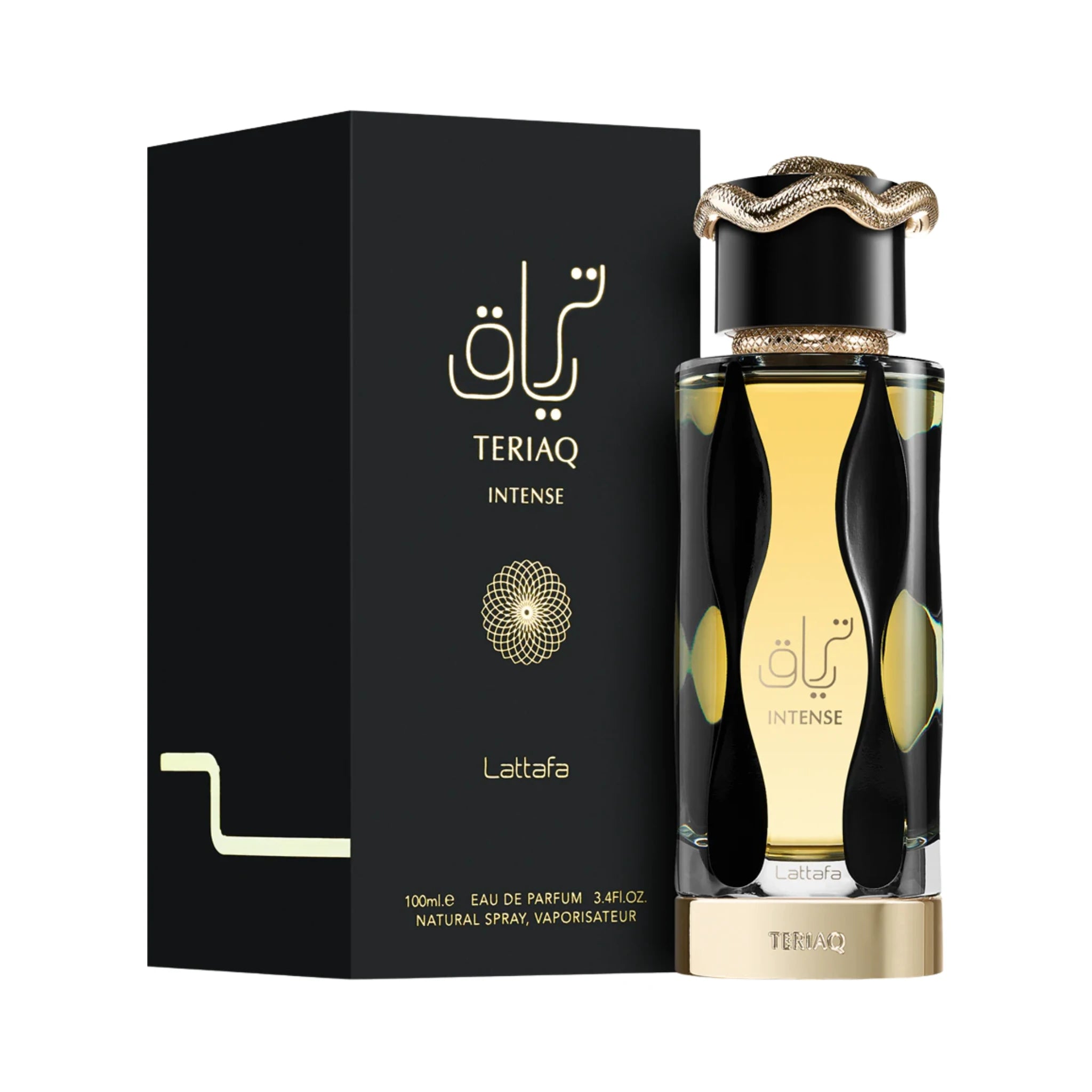 Frasco y caja de Teriaq Intense Lattafa Eau de Parfum Unisex