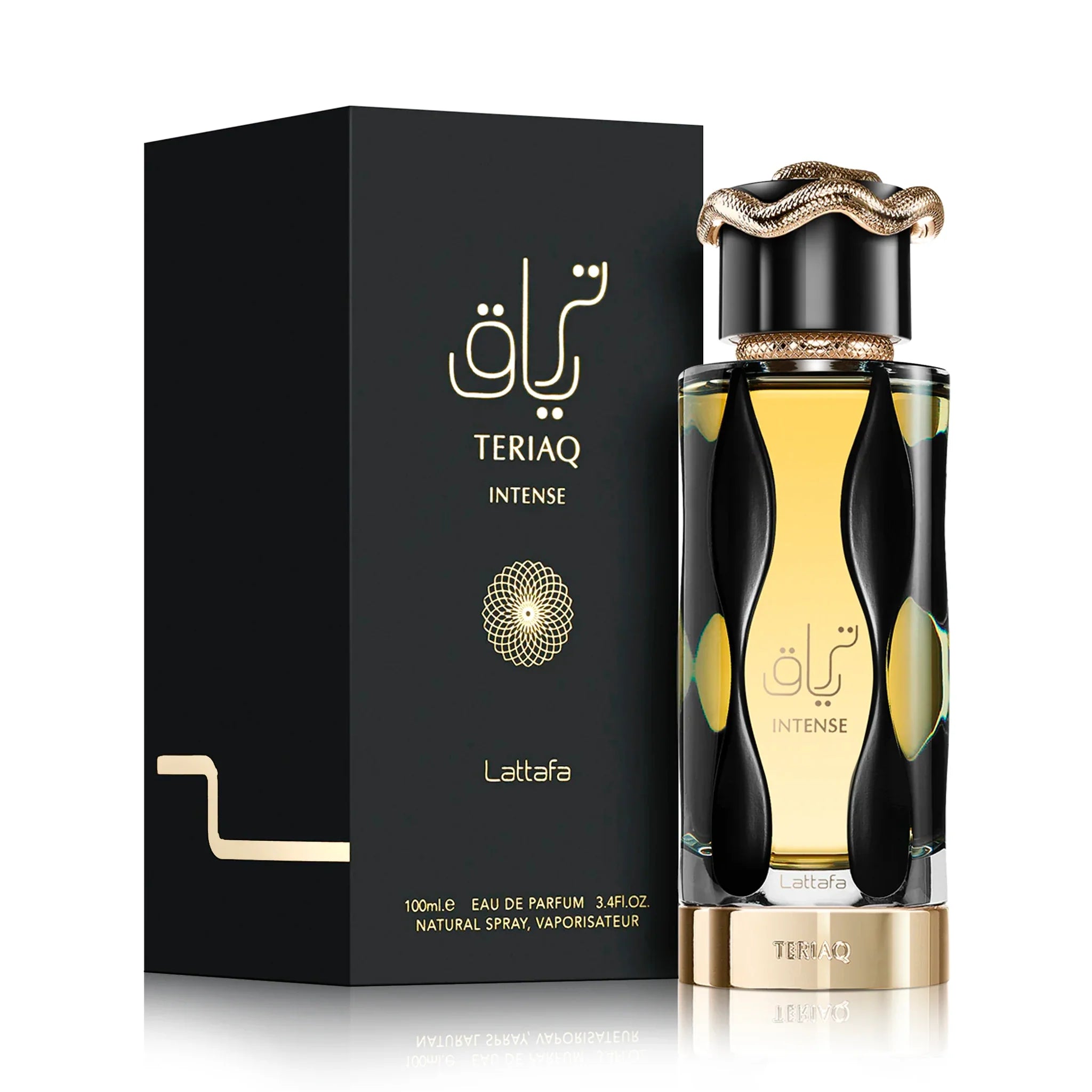 Frasco y caja de Teriaq Intense Lattafa Eau de Parfum Unisex