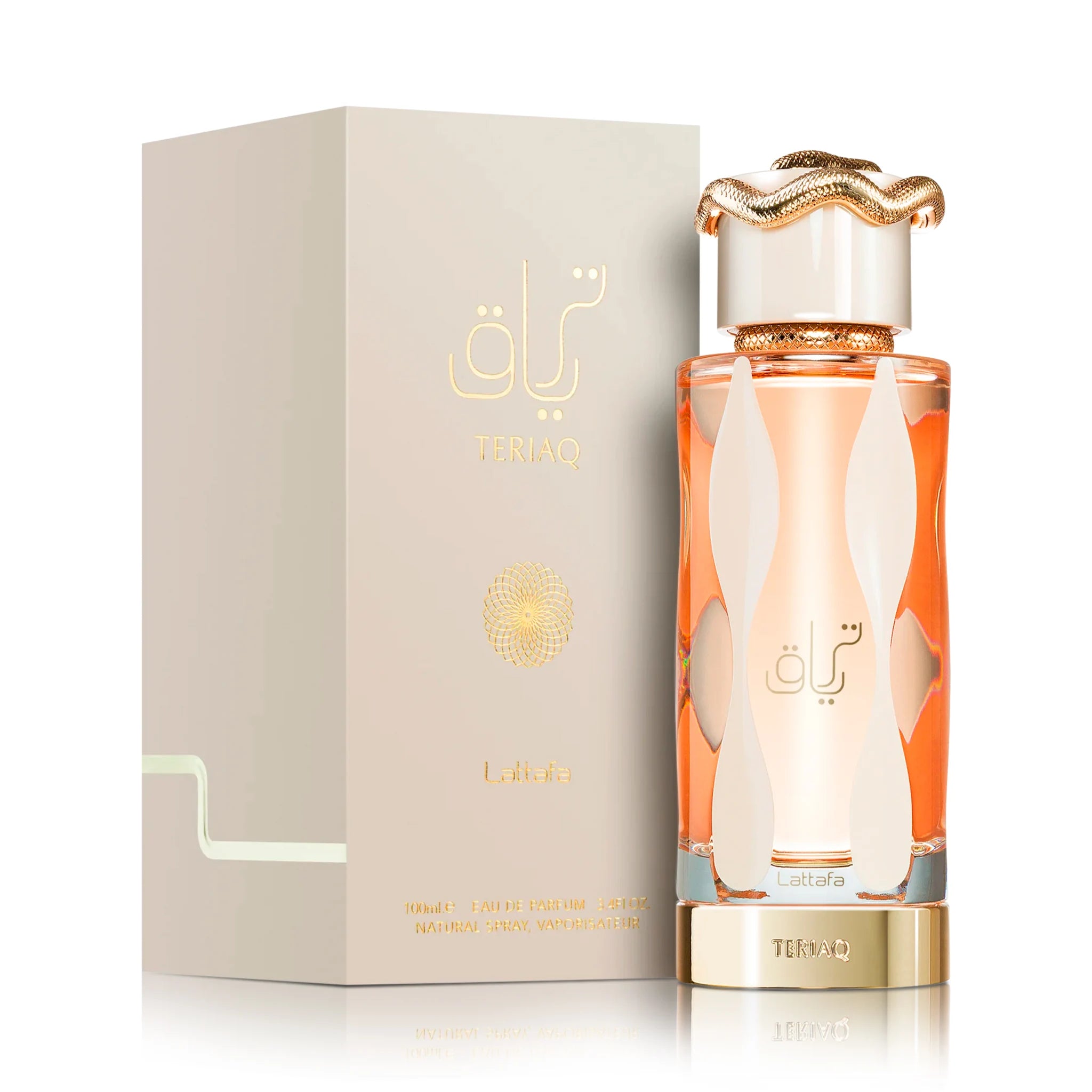 Frasco y caja de Teriaq Lattafa Eau de Parfum Para Mujer
