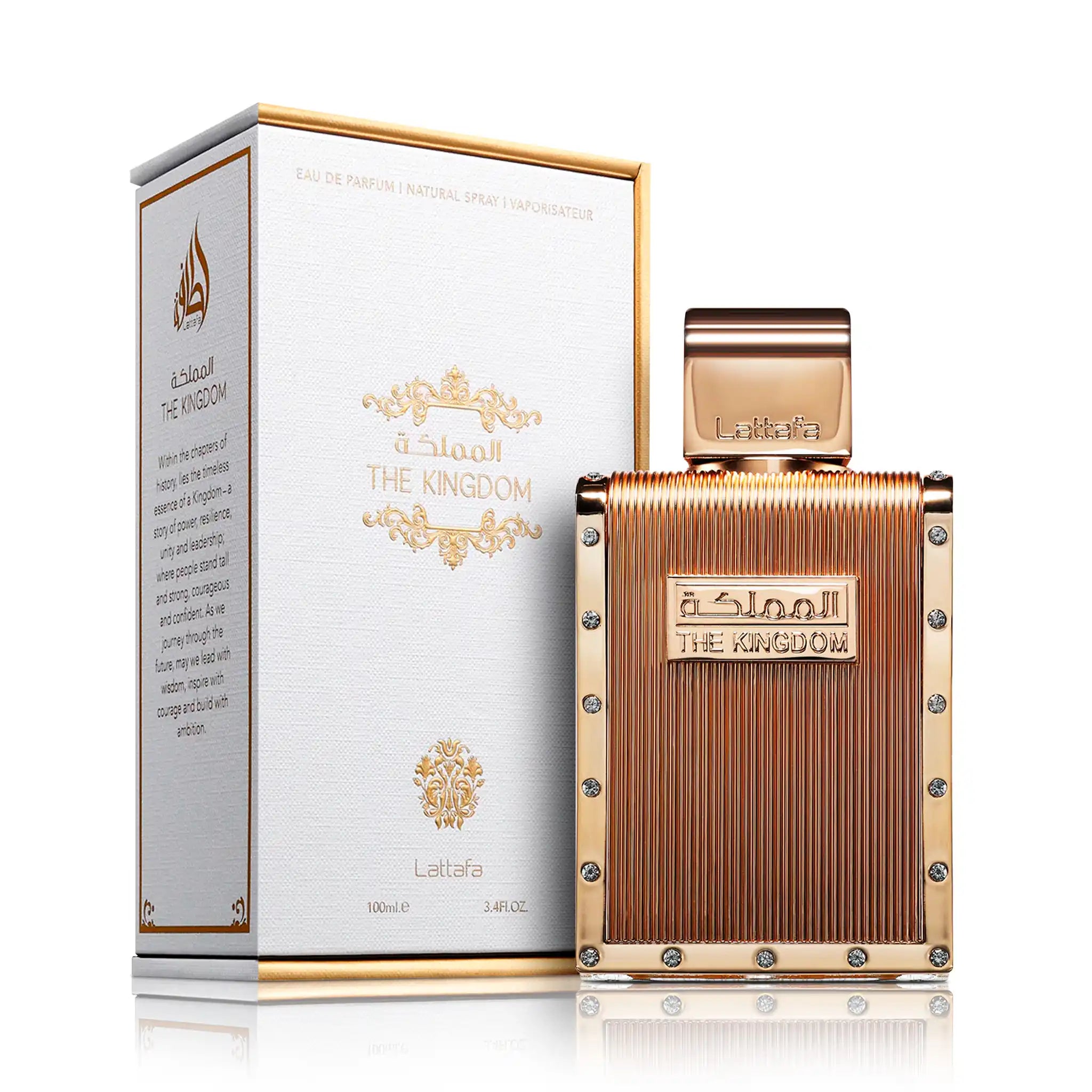 Frasco y caja de The Kingdom Lattafa Eau de Parfum Para Hombre