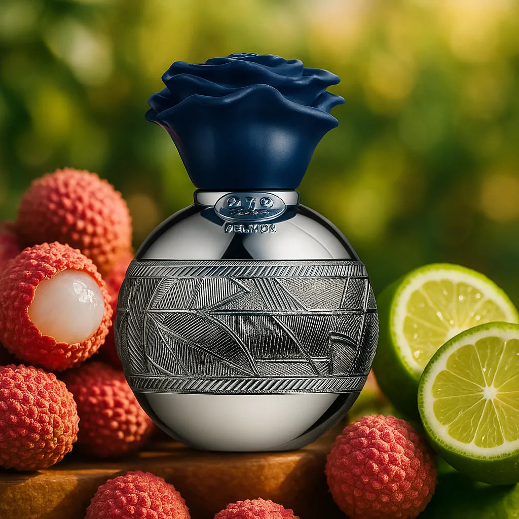 Thouq Lattafa Eau de Parfum Para Mujer con fondo de frutas