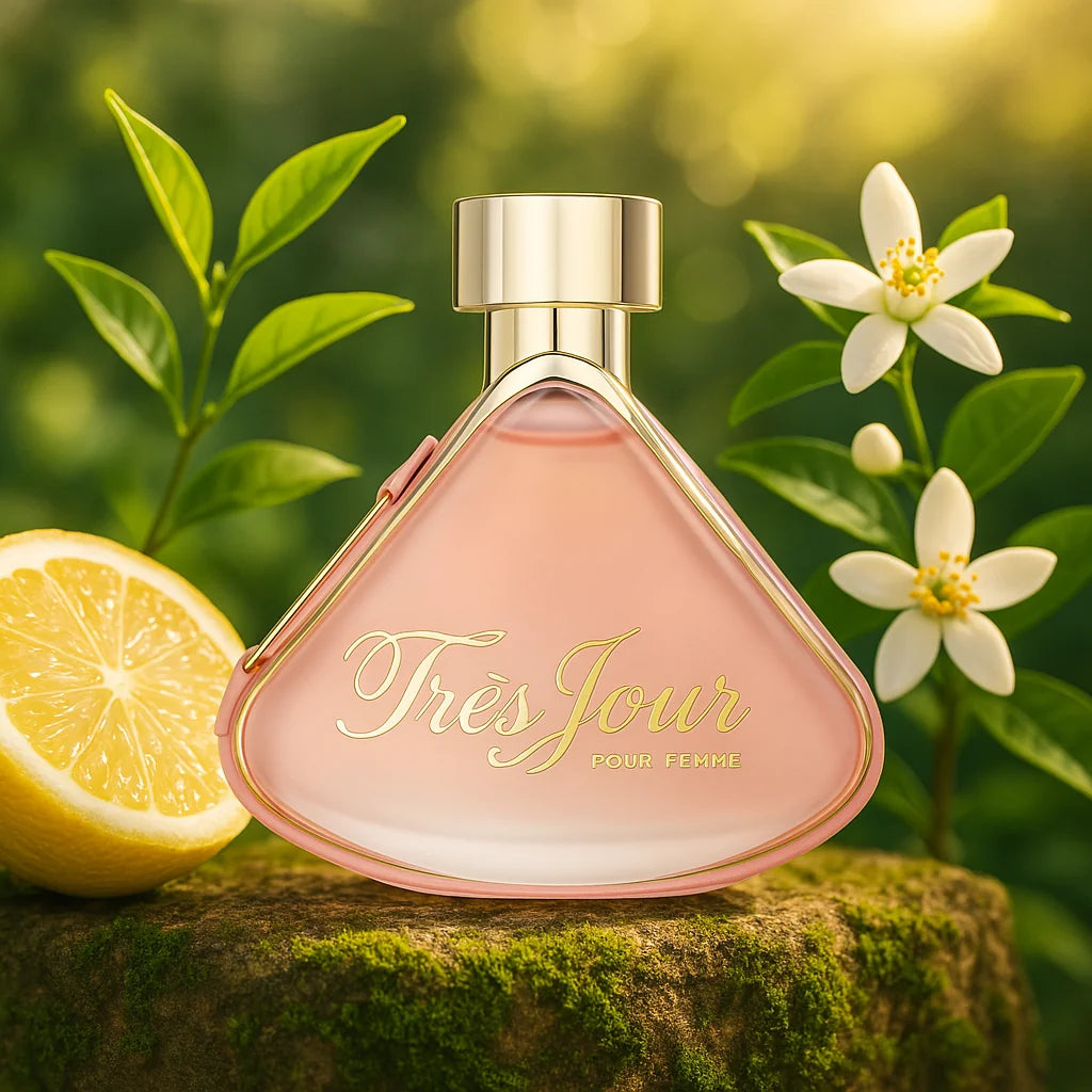 Tres Jour Armaf Eau de Parfum Para Mujer con fondo de flores