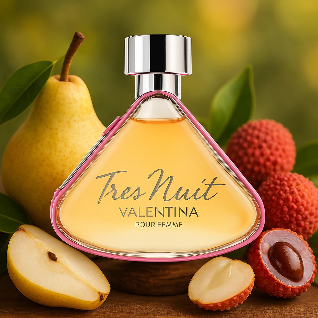 Tres Nuit Valentina Armaf Eau de Parfum Para Mujer con fondo de frutas