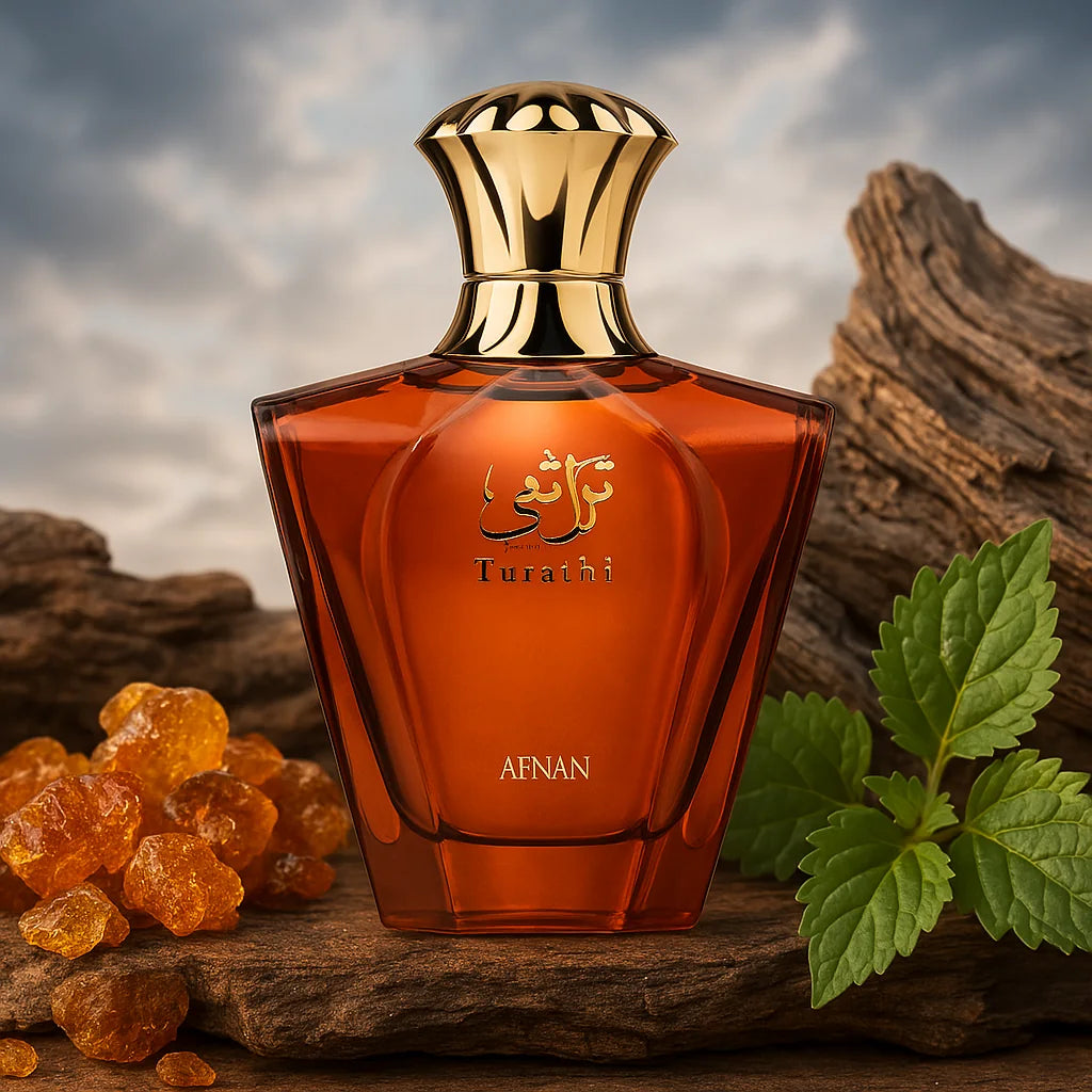 Turathi Brown Afnan Eau de Parfum Para Hombre con fondo de montaña