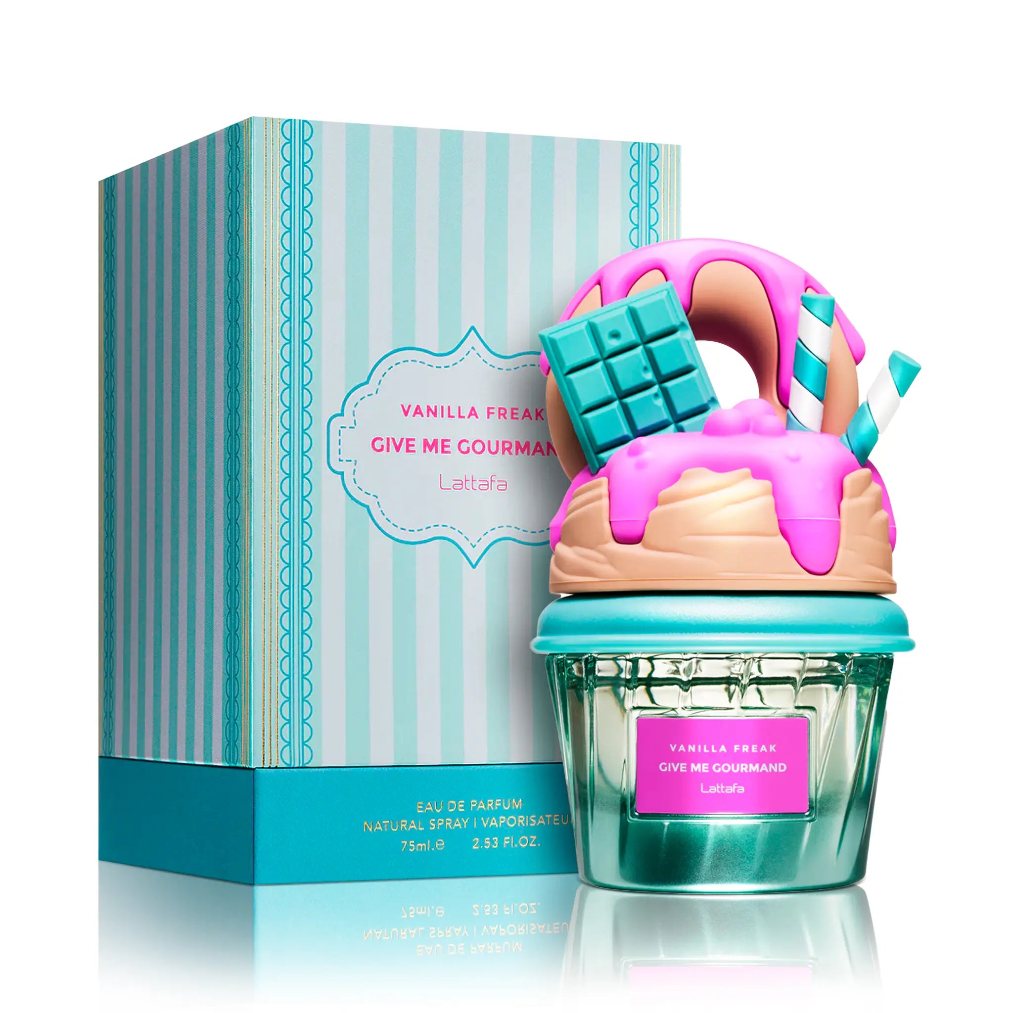 Vanilla Freak Lattafa Eau de Parfum Para Mujer con fondo de ingredientes