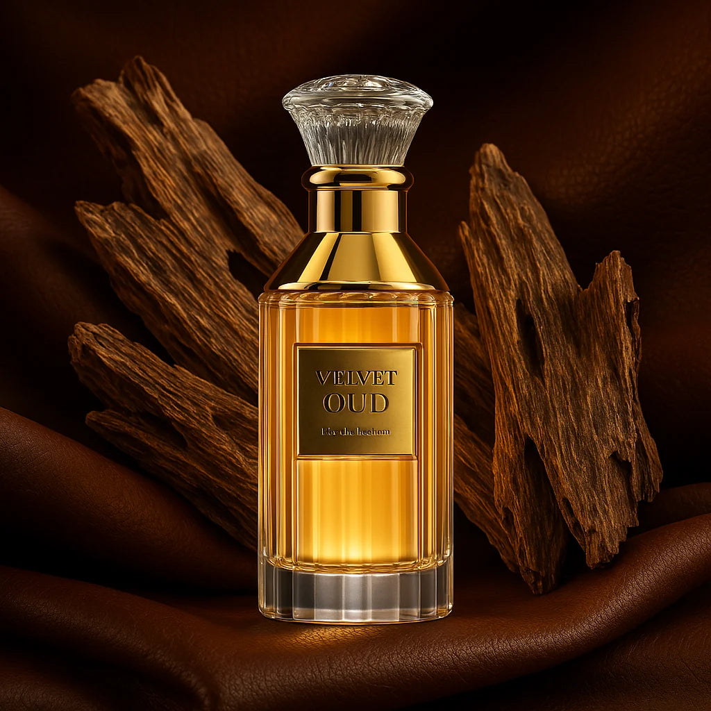 Velvet Oud Lattafa Eau de Parfum Unisex con fondo de madera