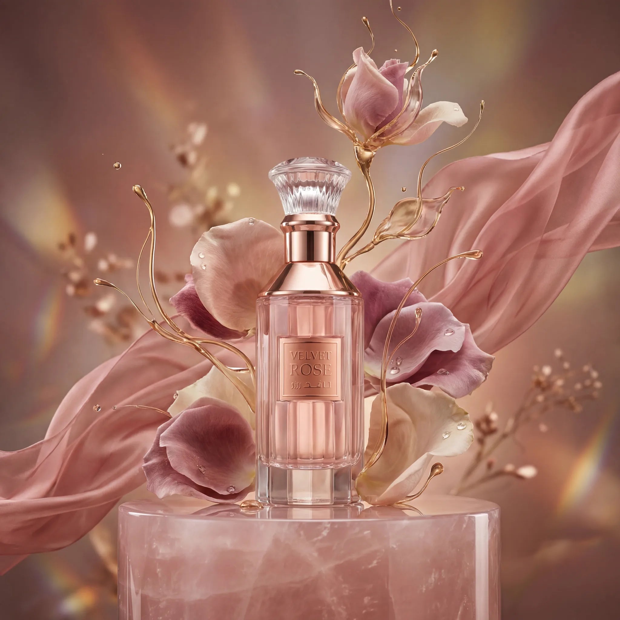 Velvet Rose Lattafa Eau de Parfum Para Mujer con fondo creativo de rosas