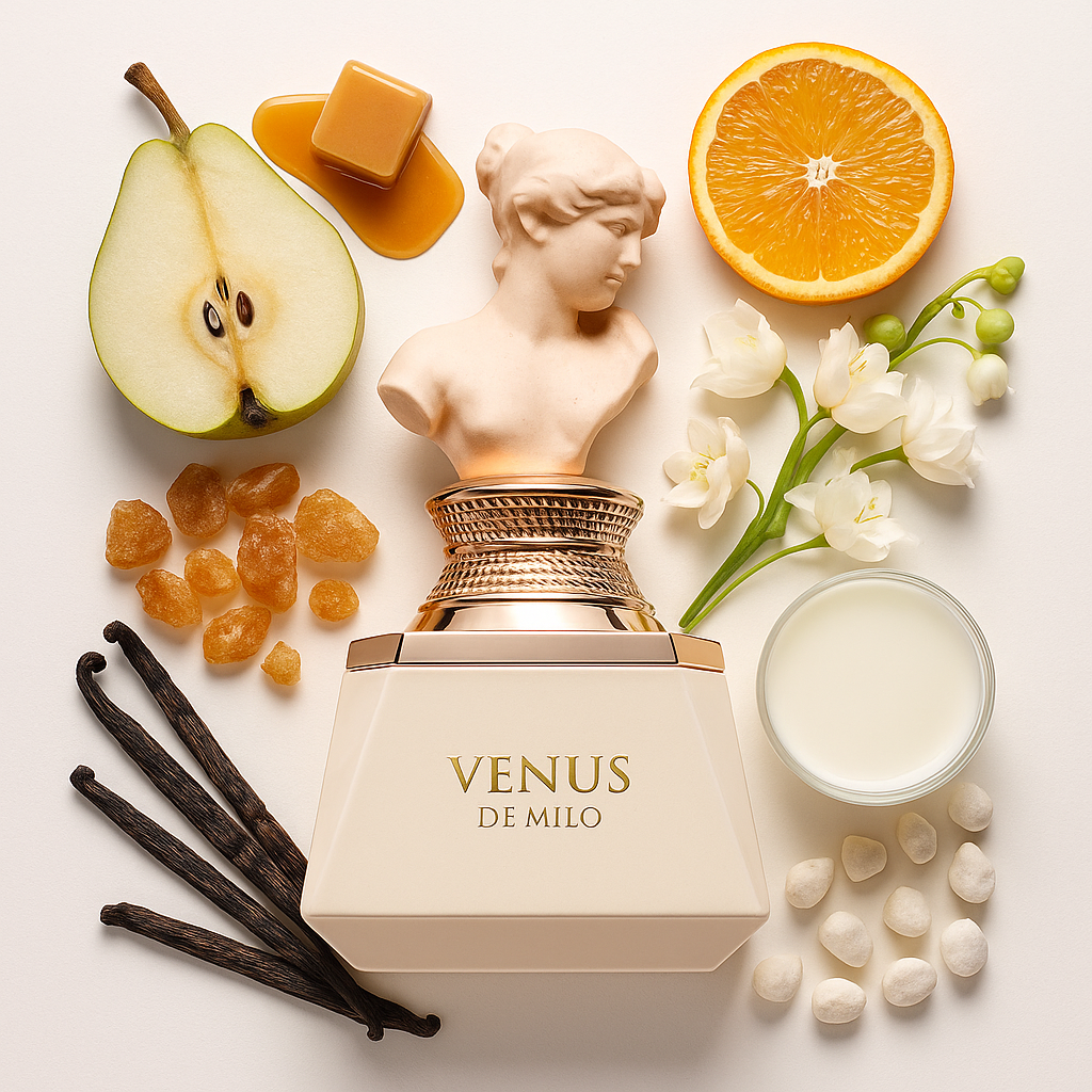 Venus de Milo French Avenue Eau de Parfum Para Mujer con fondo de ingredientes