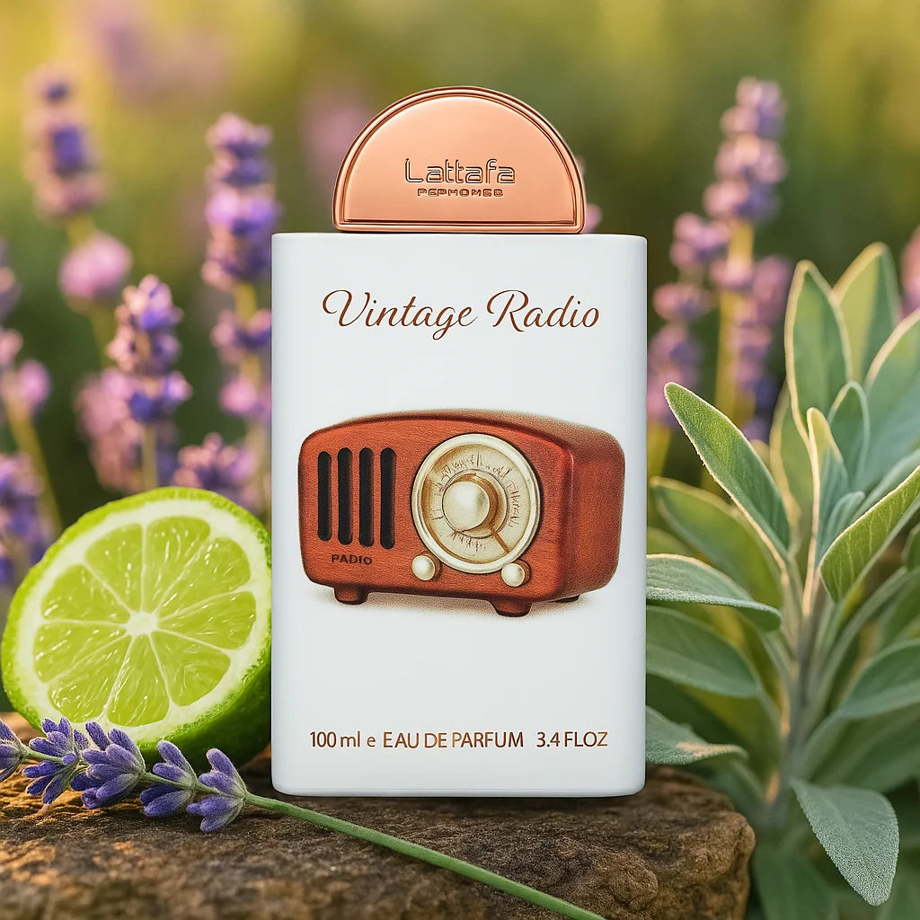 Vintage Radio Lattafa Eau de Parfum Unisex con fondo de lima y plantas