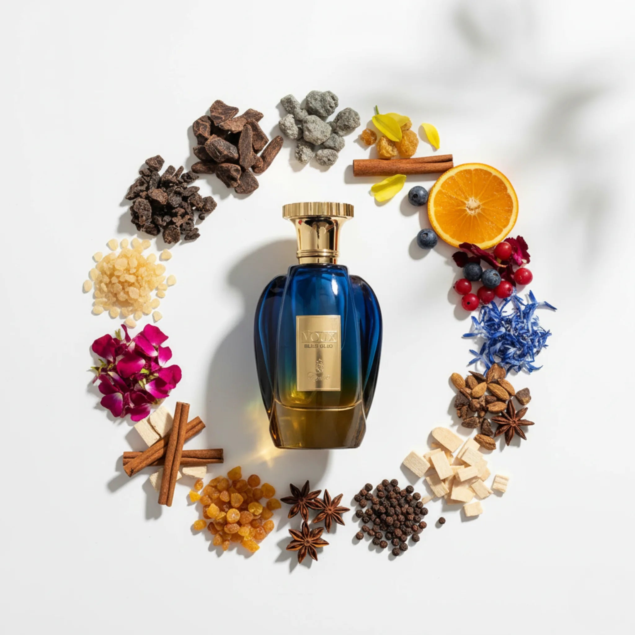 Voux Blue Oud Paris Corner Eau de Parfum Unisex con fondo de ingredientes