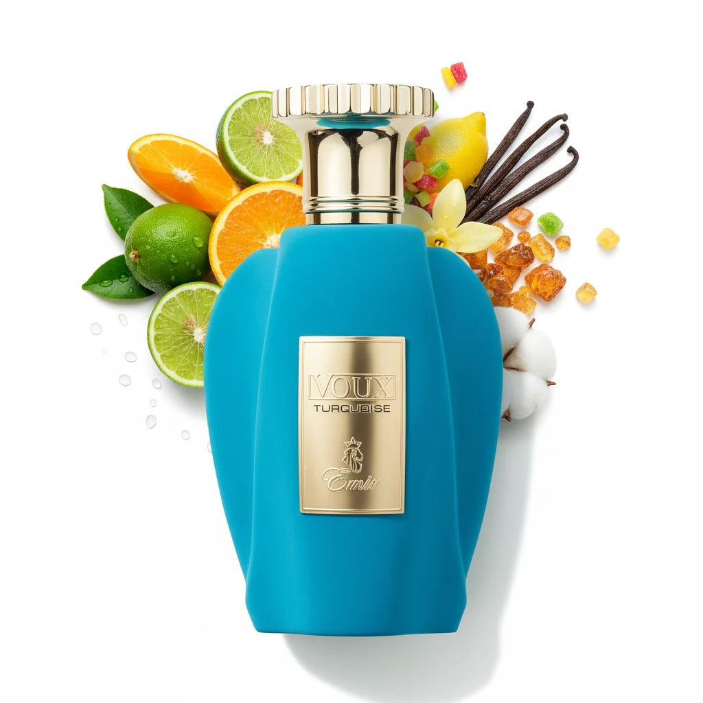 Voux Turquoise Paris Corner Eau de Parfum Unisex con fondo de ingredientes