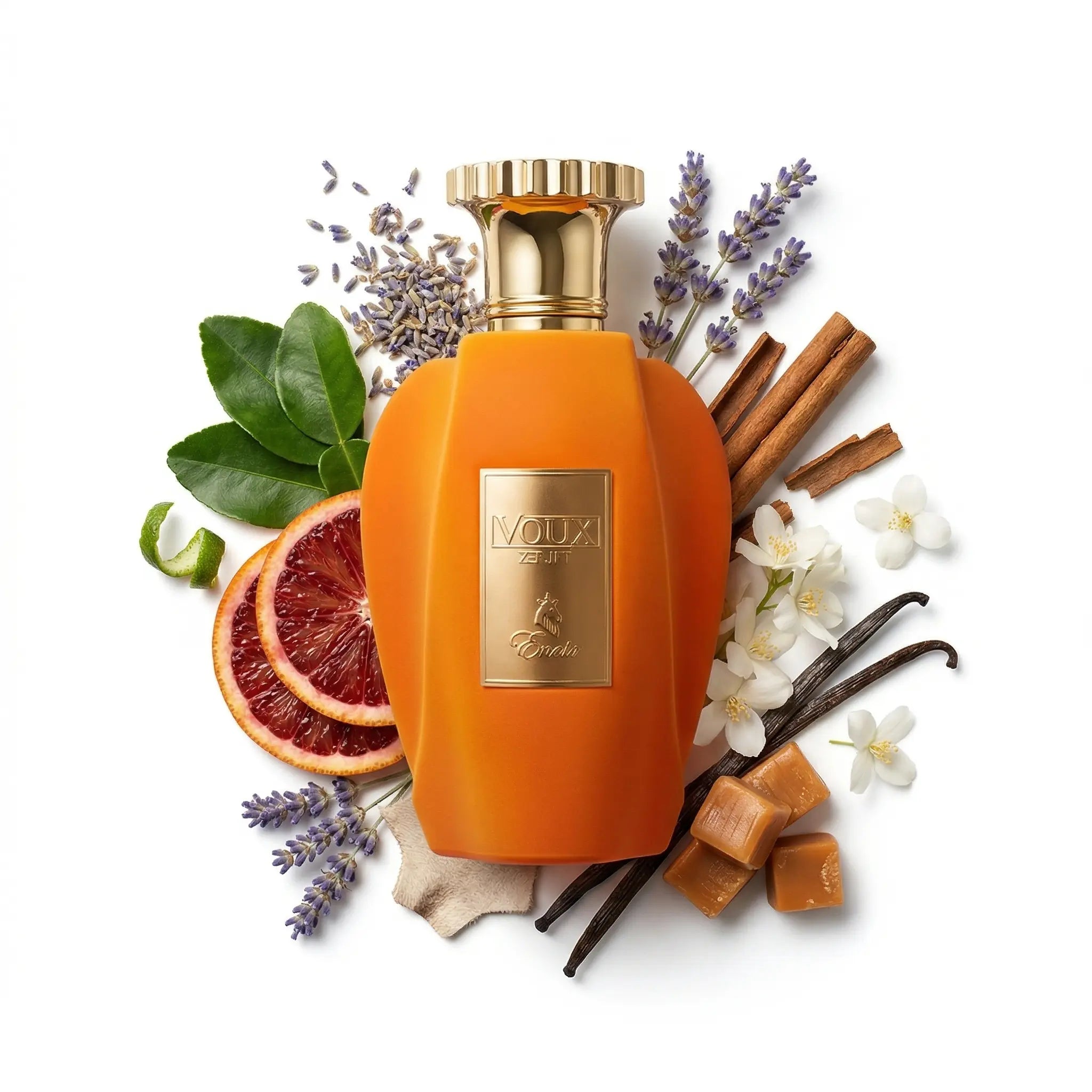Voux Zeste Paris Corner Eau de Parfum Para Mujer con fondo de ingredientes