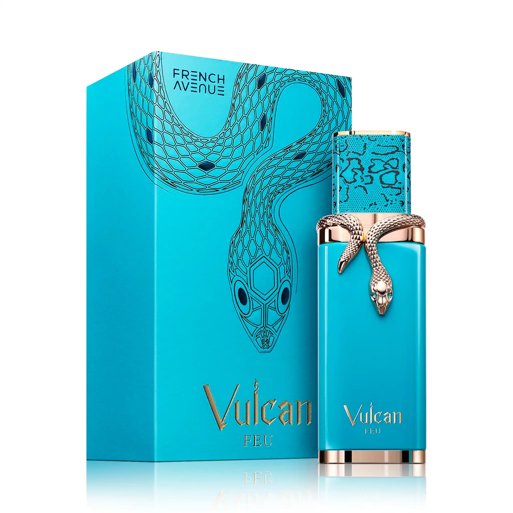 Frasco y caja de Vulcan Feu French Avenue Eau de Parfum Unisex