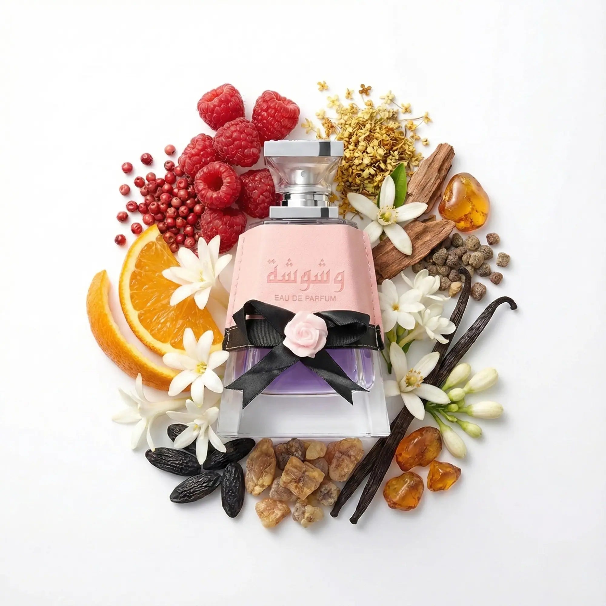 Washwashah Lattafa Eau de Parfum Para Mujer con fondo de ingredientes