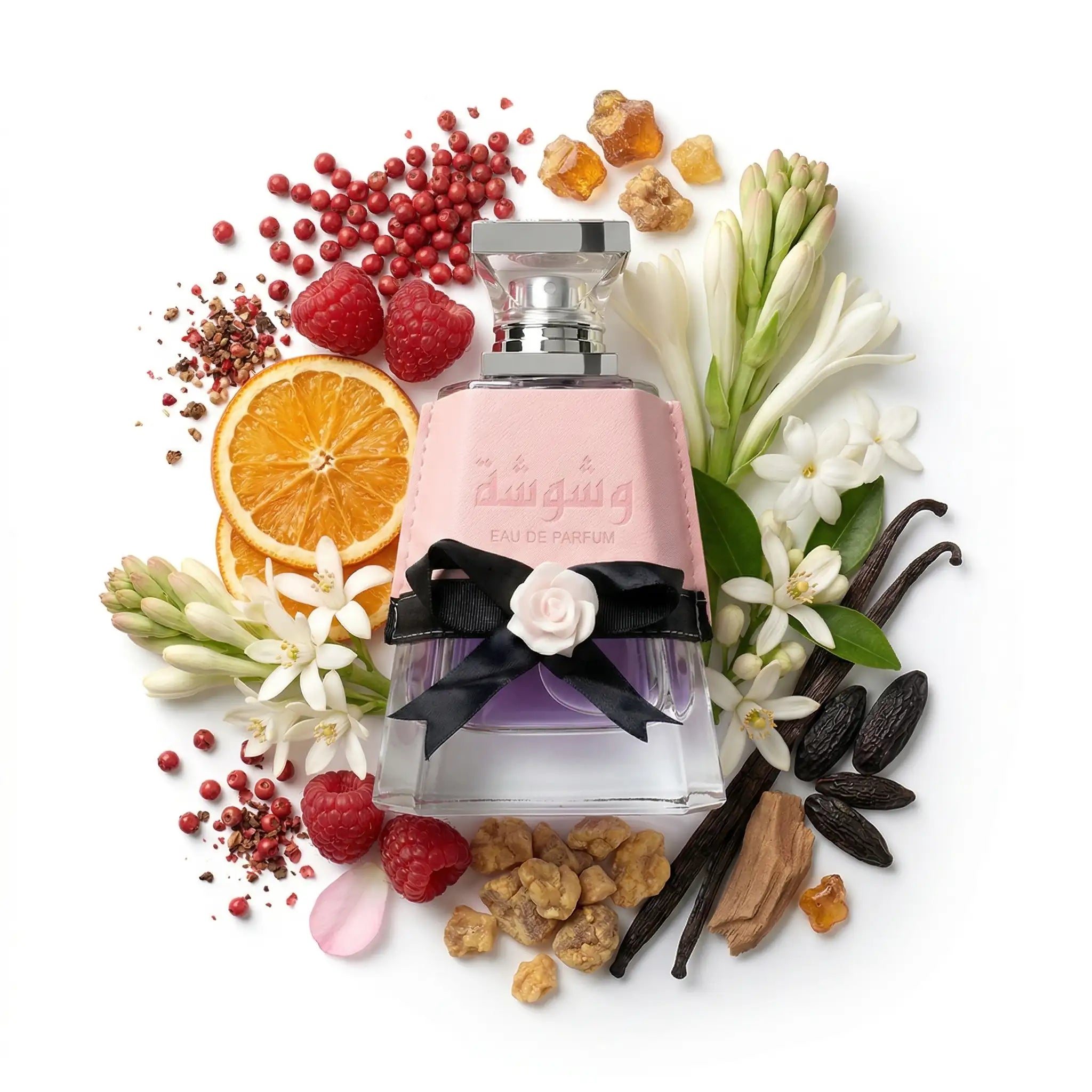 Washwashah Lattafa Eau de Parfum Para Mujer con fondo de ingredientes