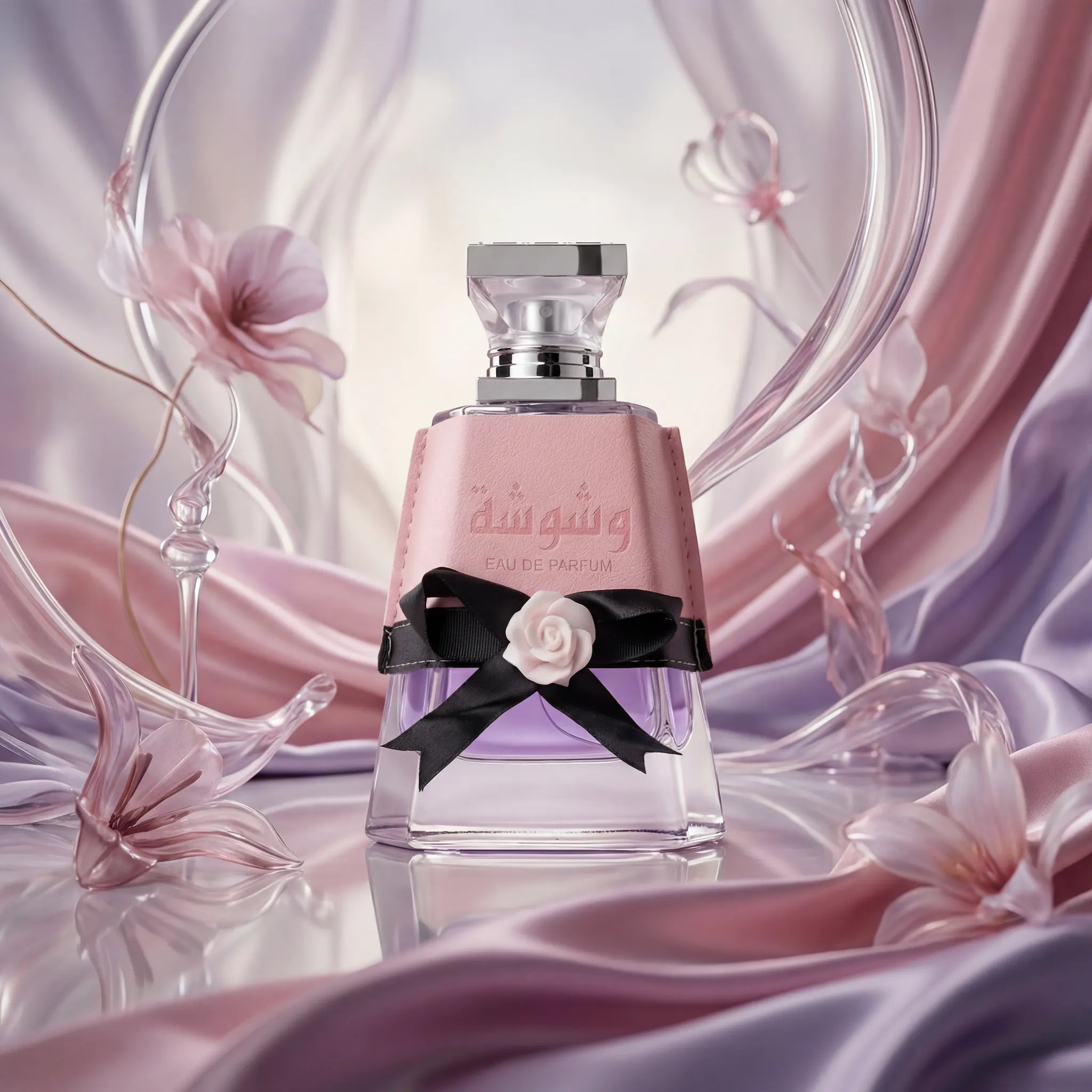 Washwashah Lattafa Eau de Parfum Para Mujer con fondo creativo de rosas