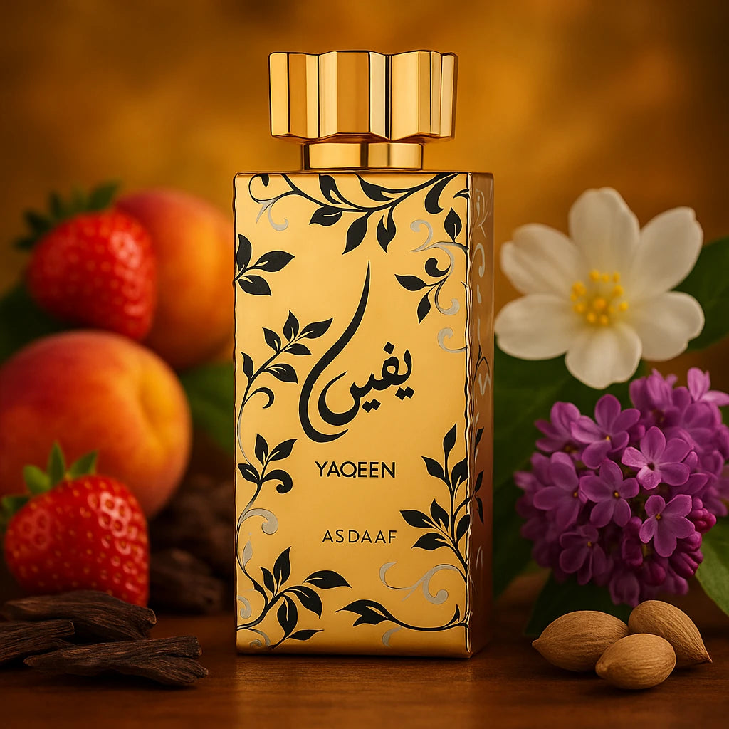 Yaqeen Asdaaf Eau de Parfum Para Mujer con fondo de flores