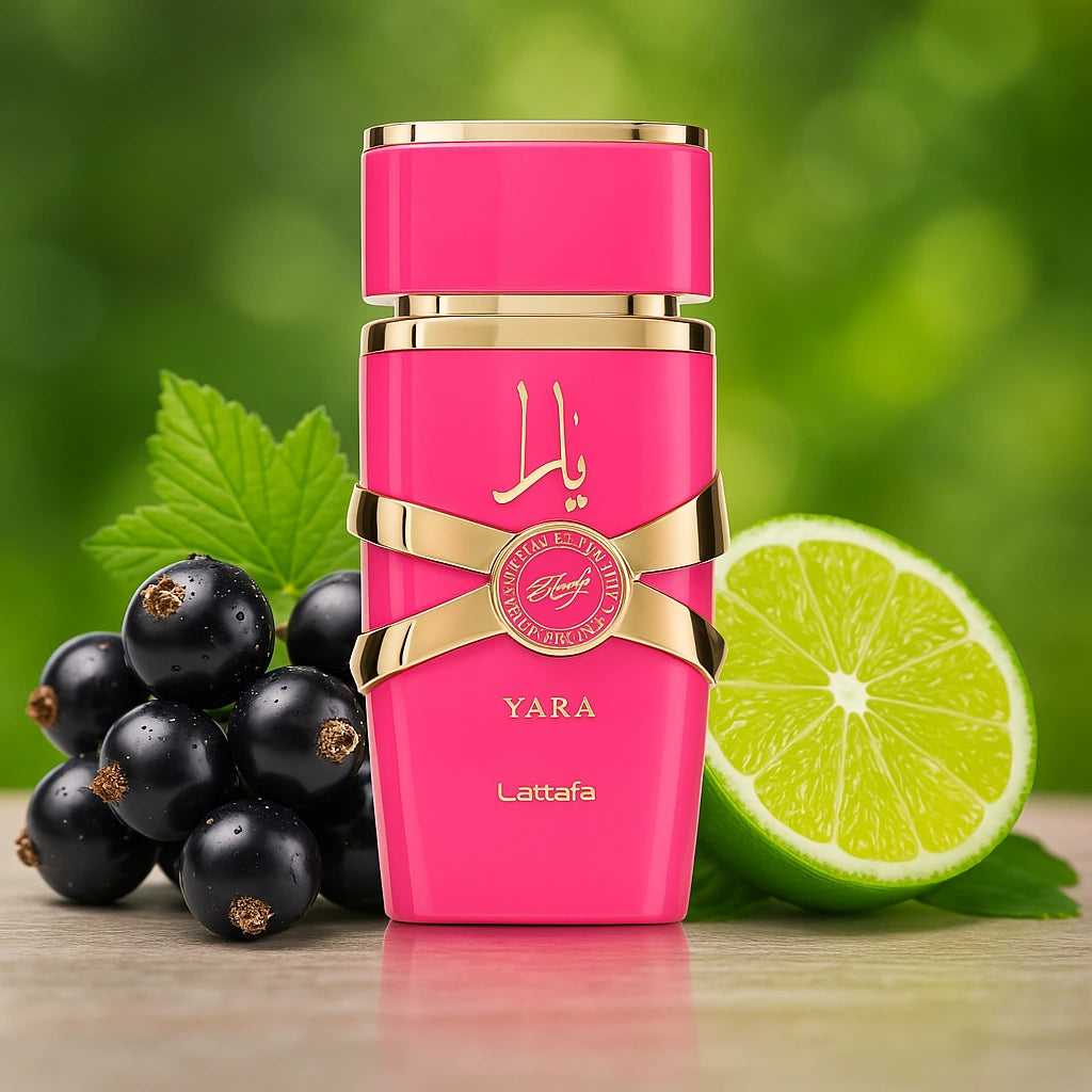 Yara Candy Lattafa Eau de Parfum Para Mujer con fondo de lima