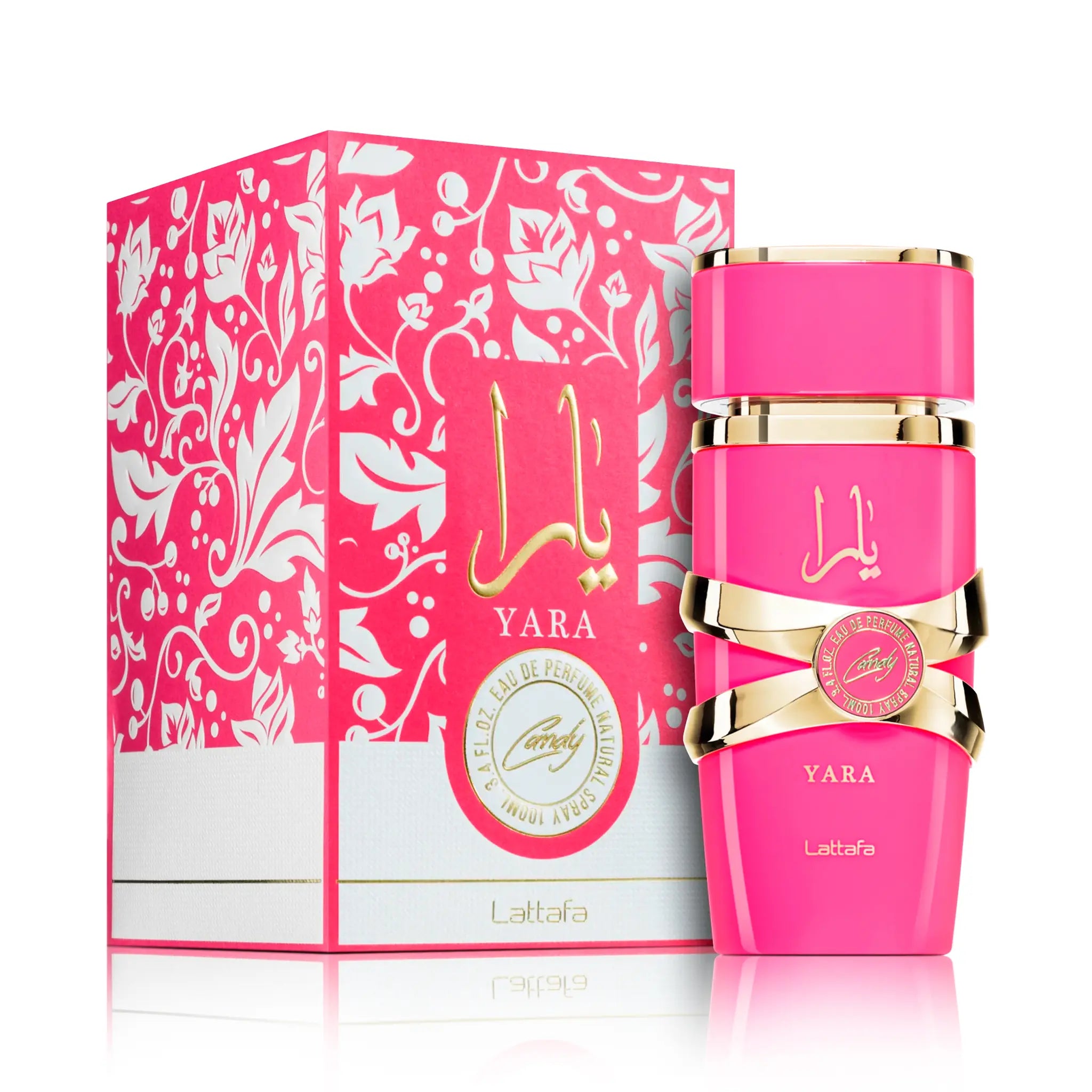 Frasco y caja de Yara Candy Lattafa Eau de Parfum Para Mujer