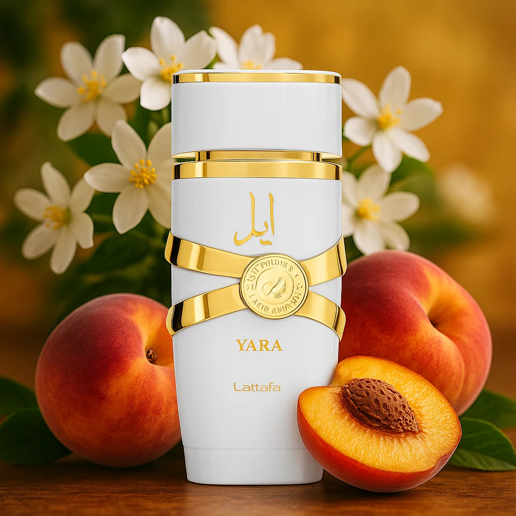 Yara Moi Lattafa Eau de Parfum Para Mujer con fondo de melocotón