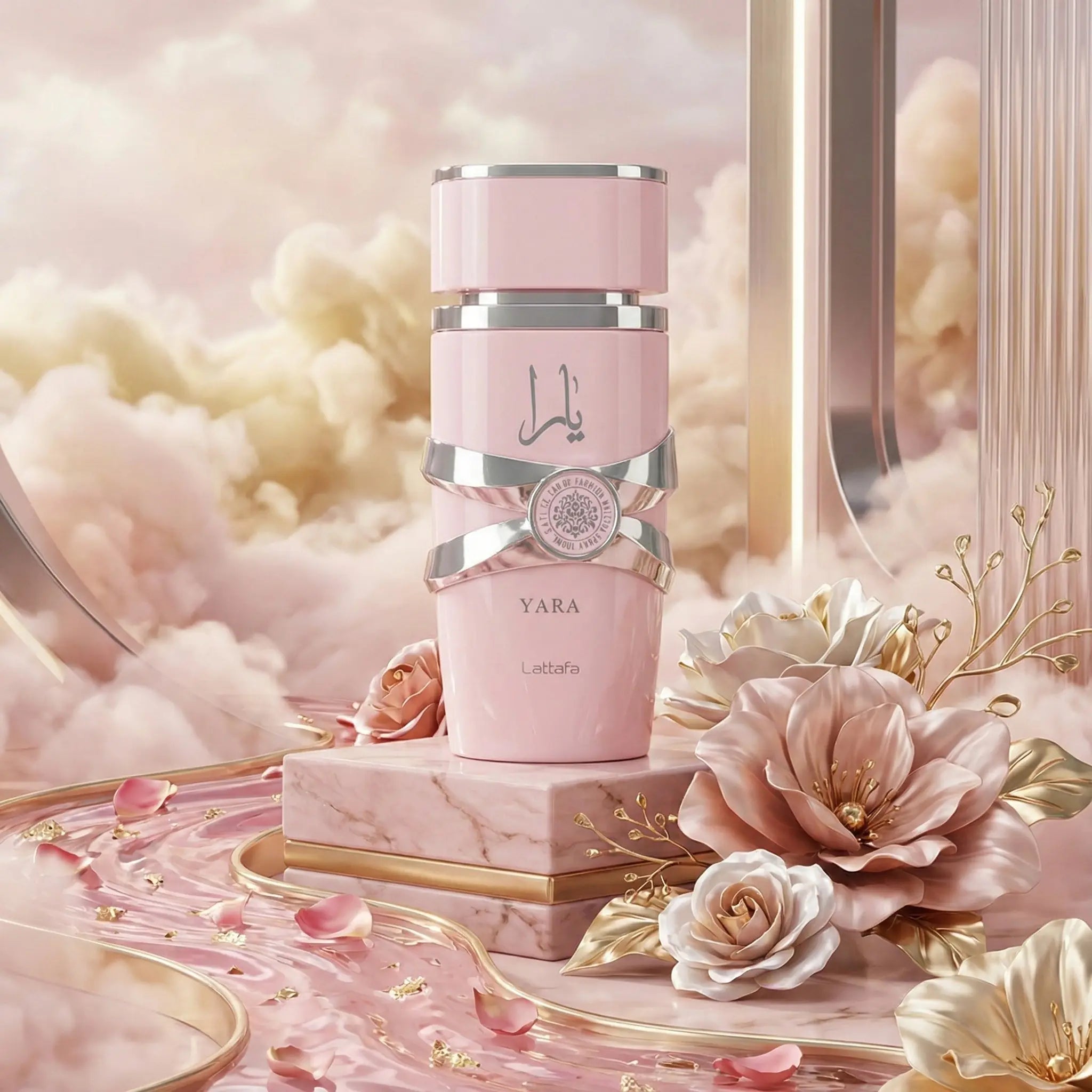 Yara Rosa Lattafa Eau de Parfum Para Mujer fondo elegante rosas