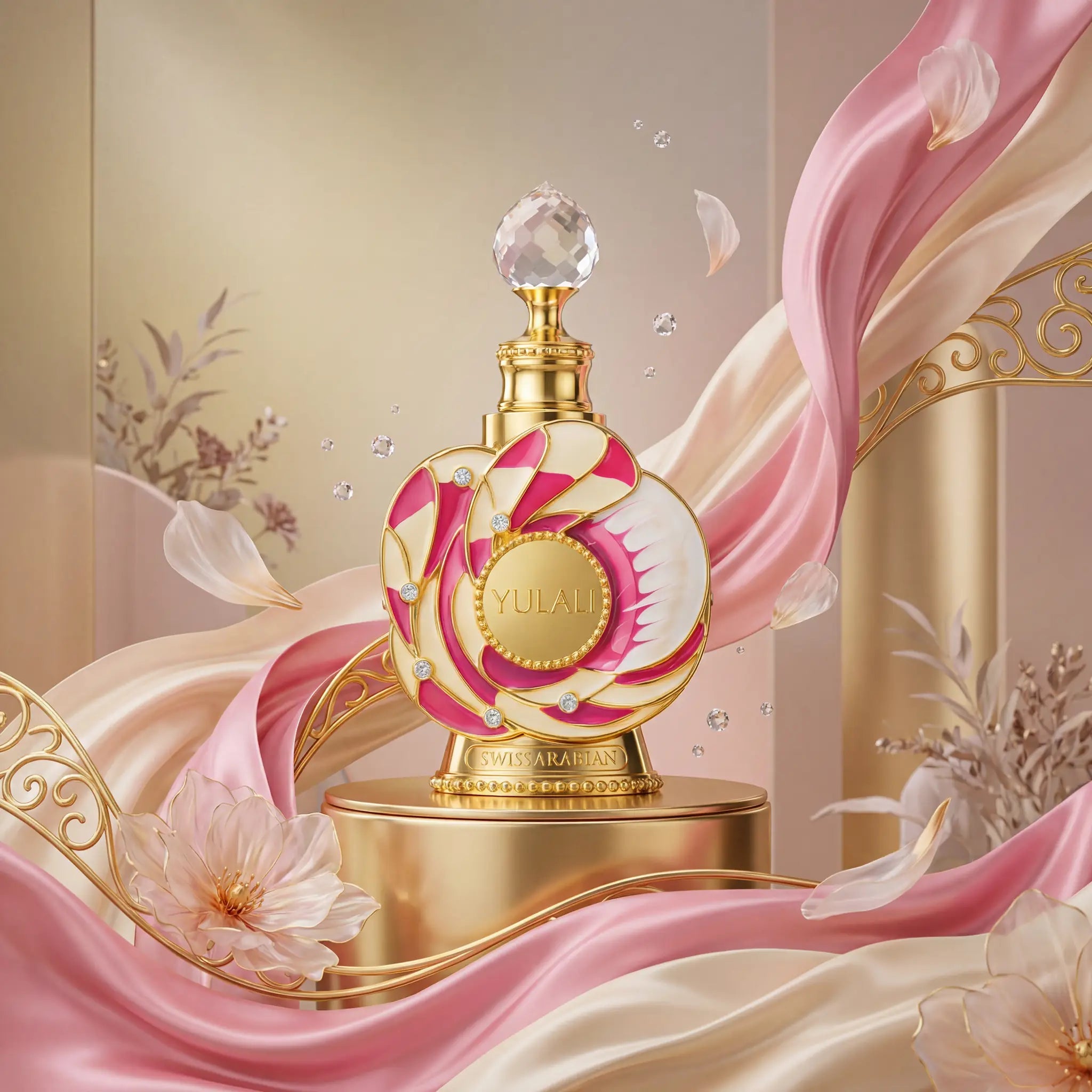 Yulali Swiss Arabian Aceite Perfumado Para Mujer con fondo creativo de diamantes y rosas