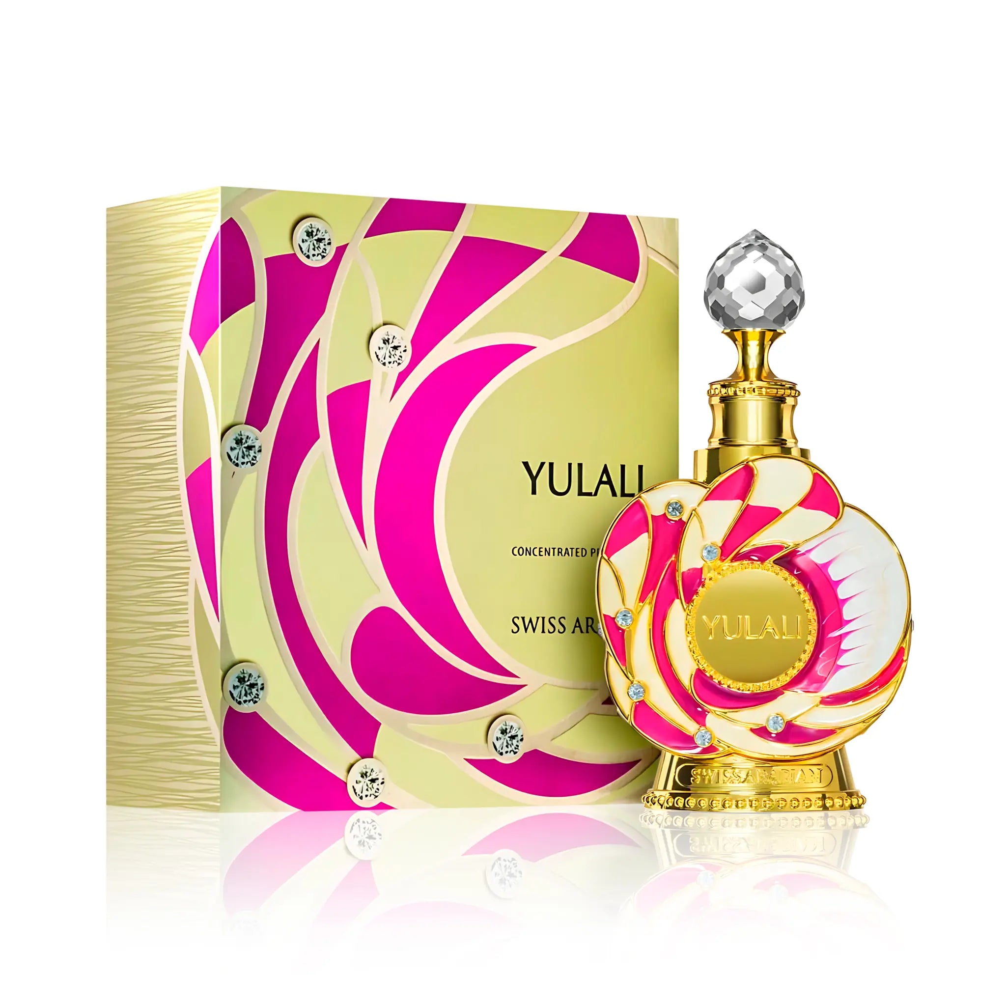 Frontal del Yulali Swiss Arabian Aceite Perfumado Para Mujer con su caja