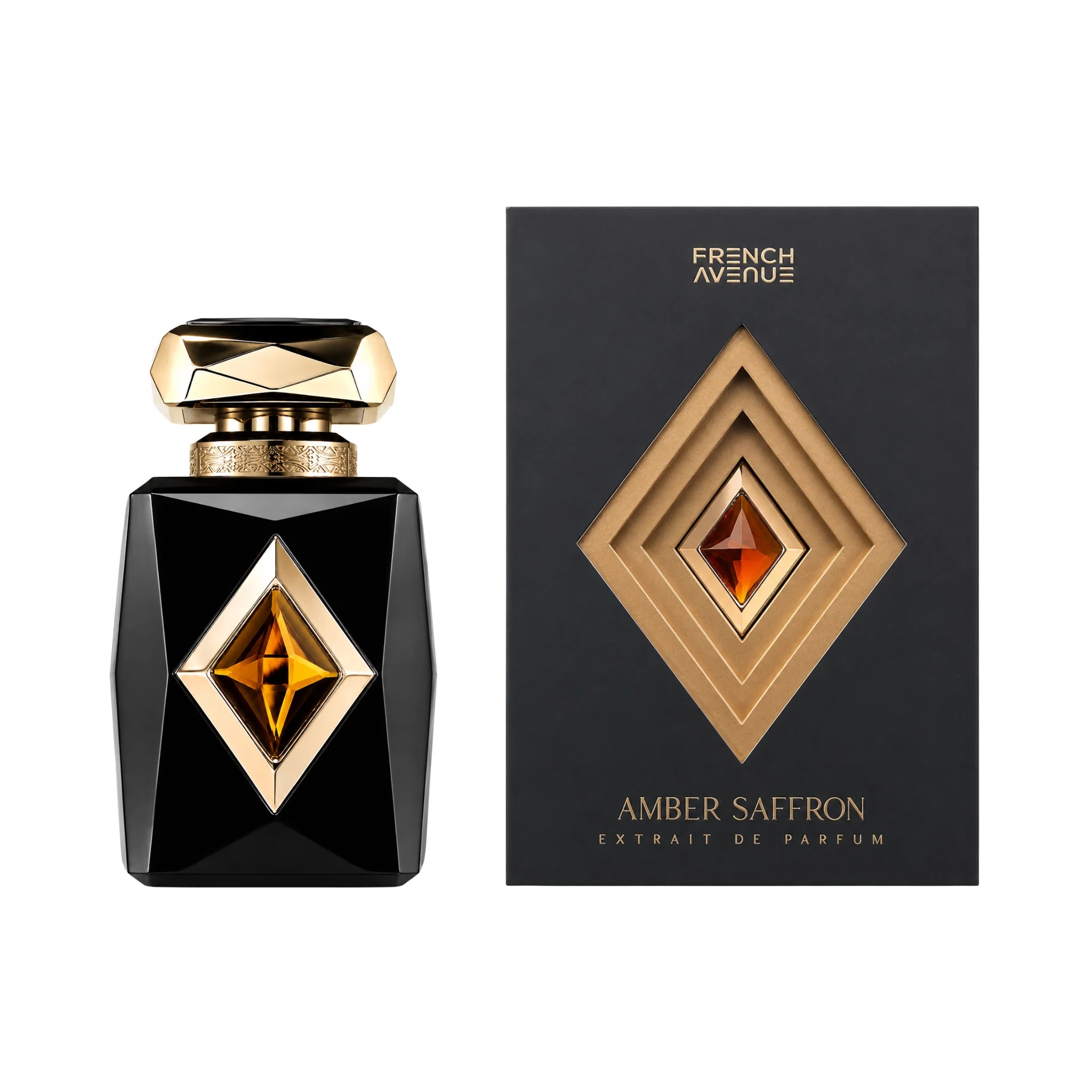 Frasco y caja de Amber Saffron French Avenue Extrait de Parfum Unisex