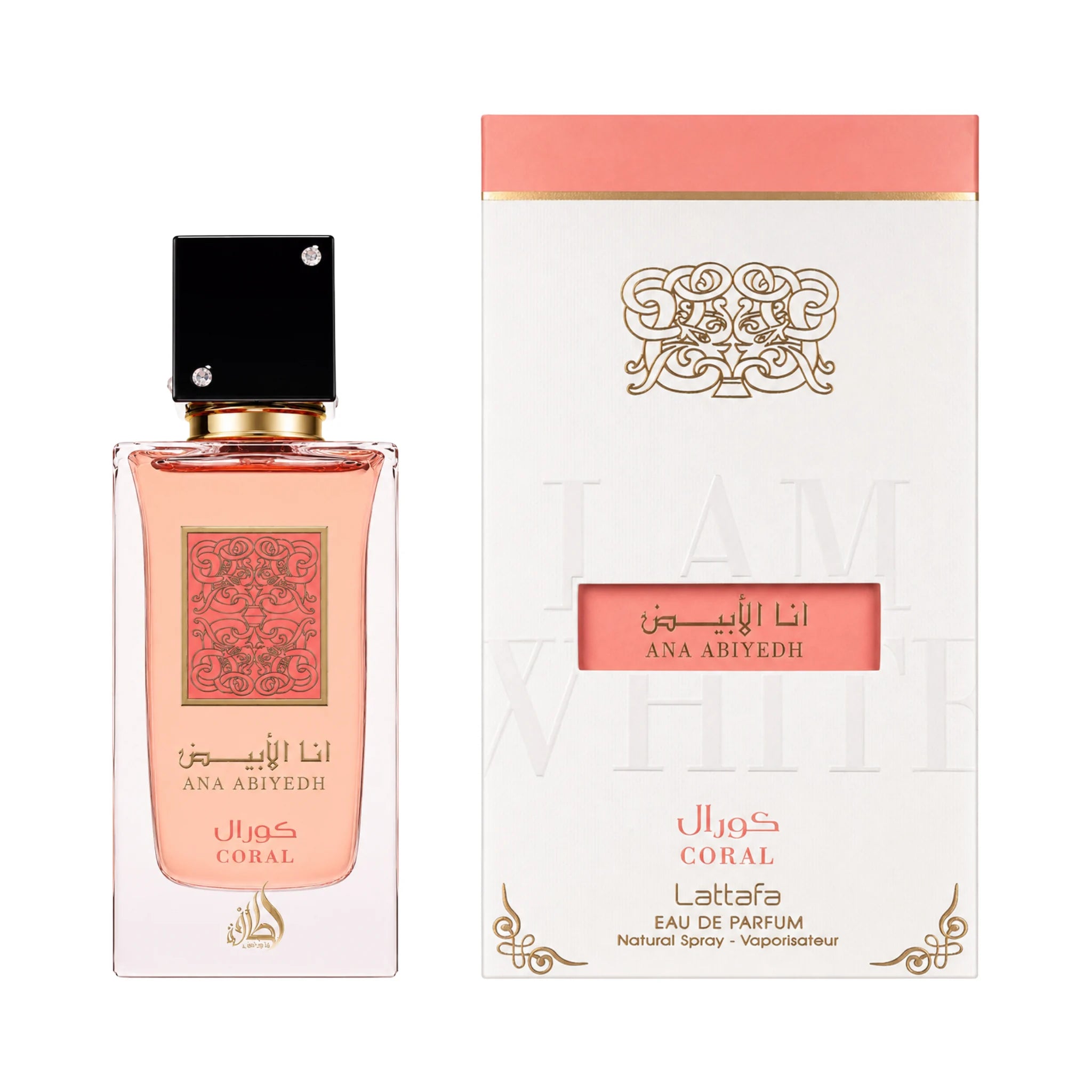 Frasco y caja de Ana Abiyedh Coral Lattafa Eau de Parfum Unisex