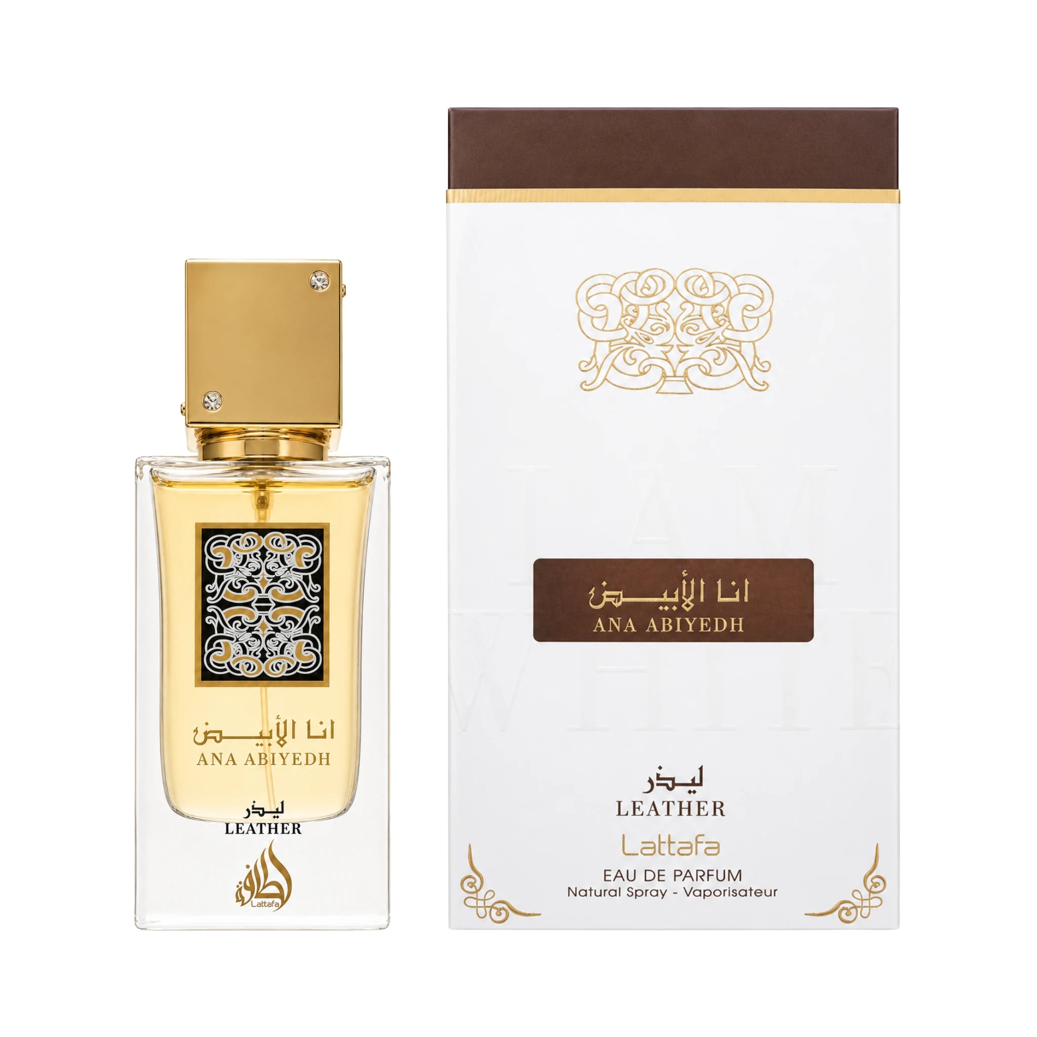 Frasco y caja de Ana Abiyedh Leather Lattafa Eau de Parfum Hombre