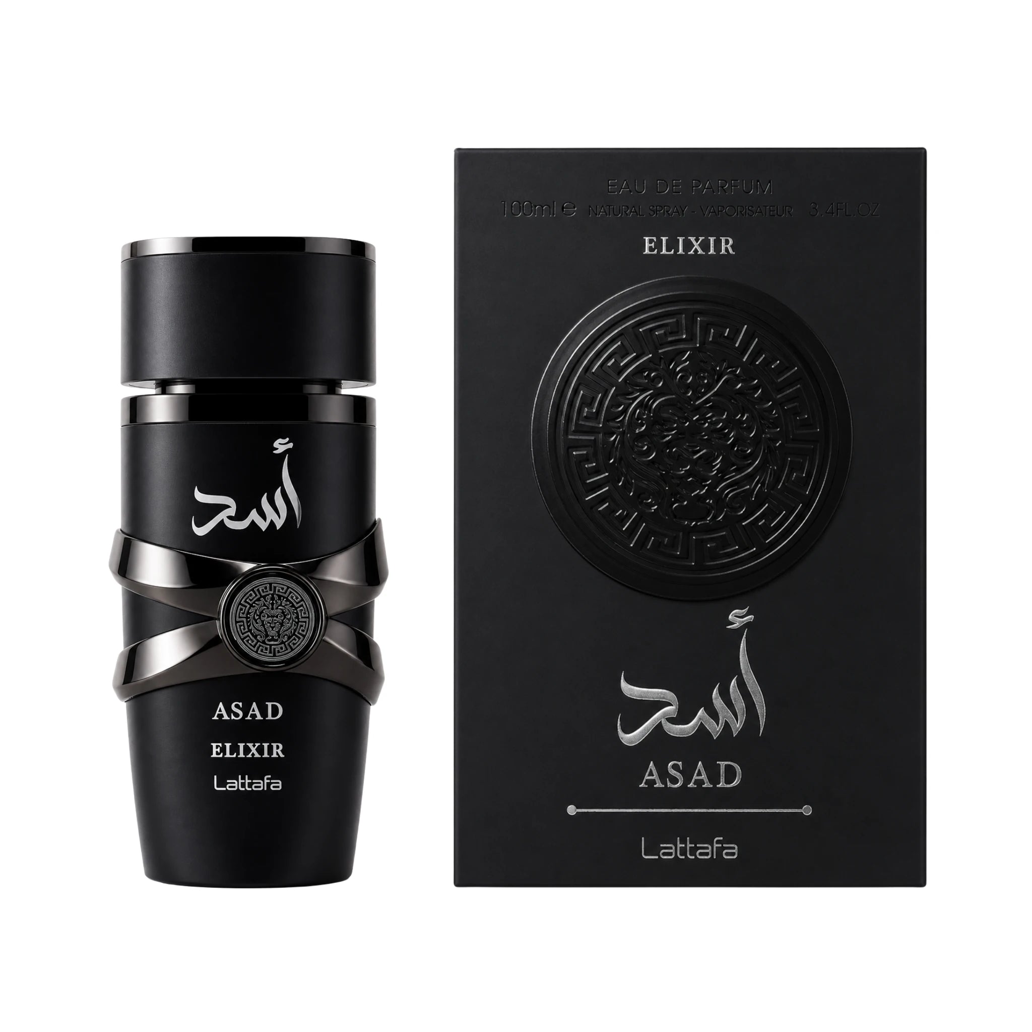 Frasco y caja de Asad Elixir Lattafa Eau de Parfum Hombre