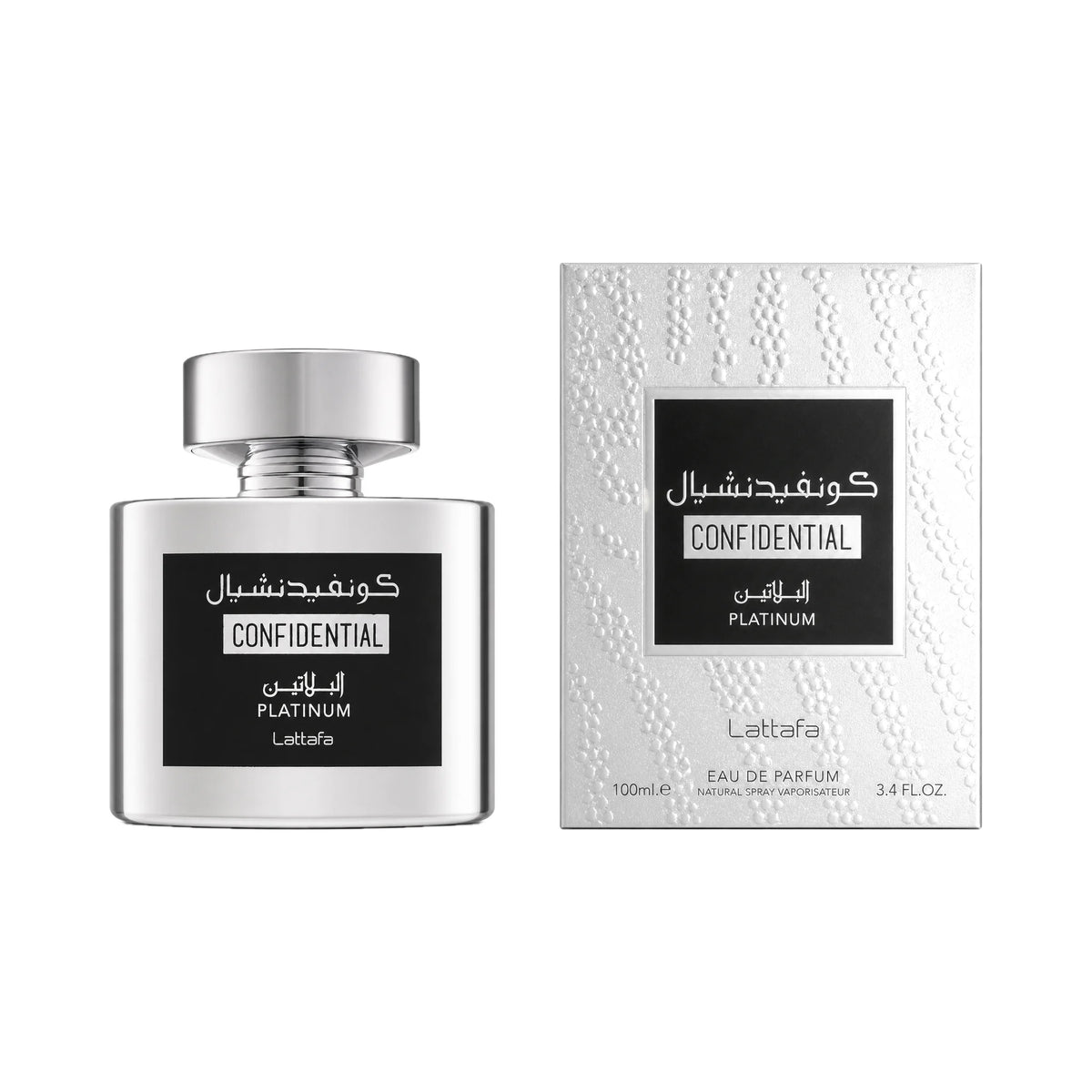 Frasco y caja de Confidential Platinum Lattafa Eau de Parfum Para Hombre