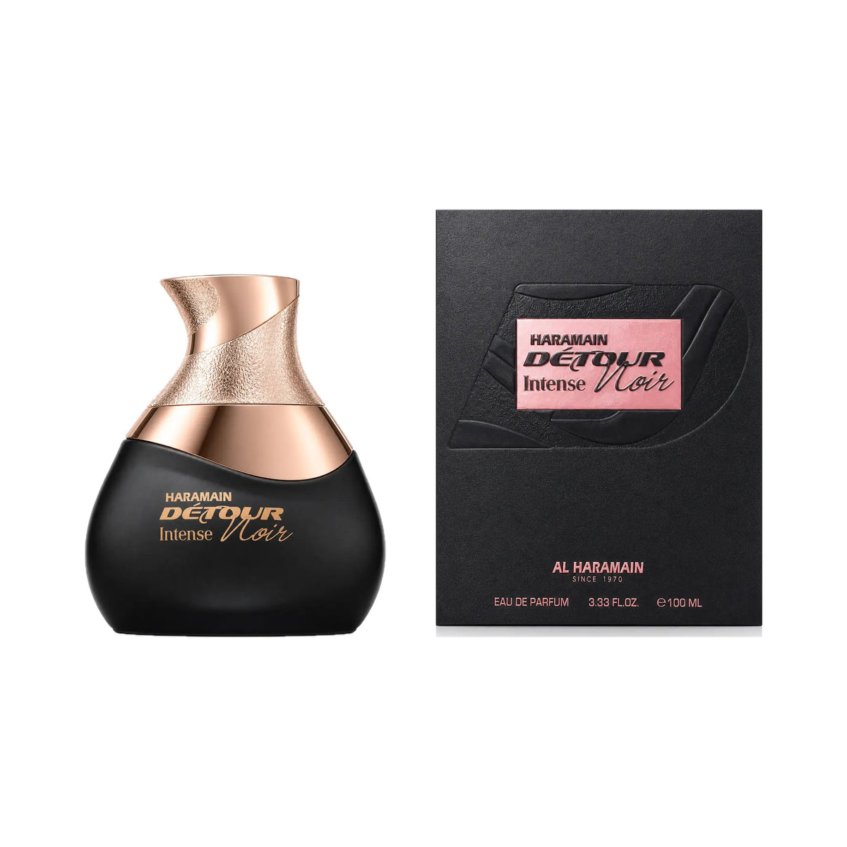Frasco y caja de Detour Noir Intense Al Haramain Eau de Parfum Para Hombre