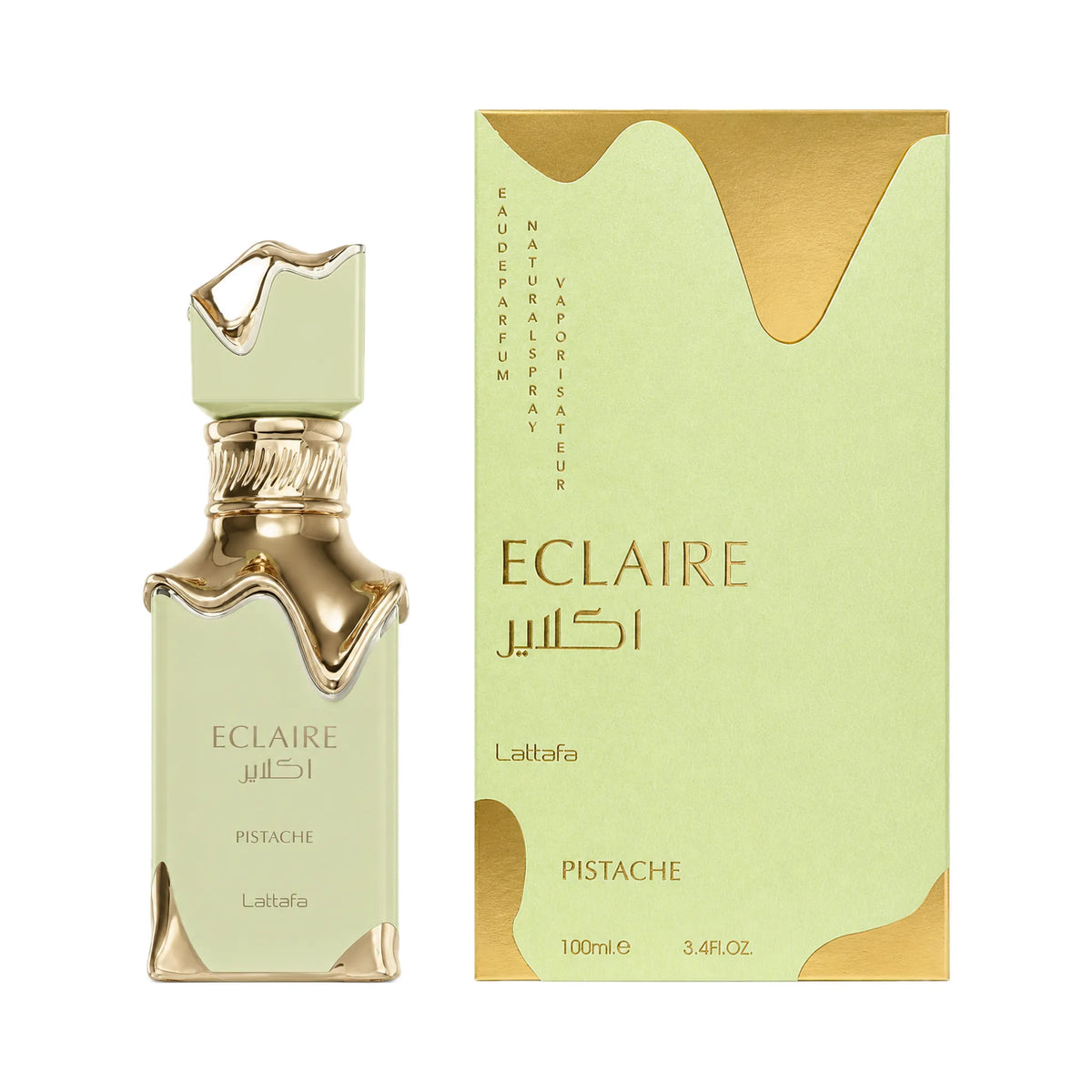 Frasco y caja de Eclaire Pistache Lattafa Eau de Parfum Unisex