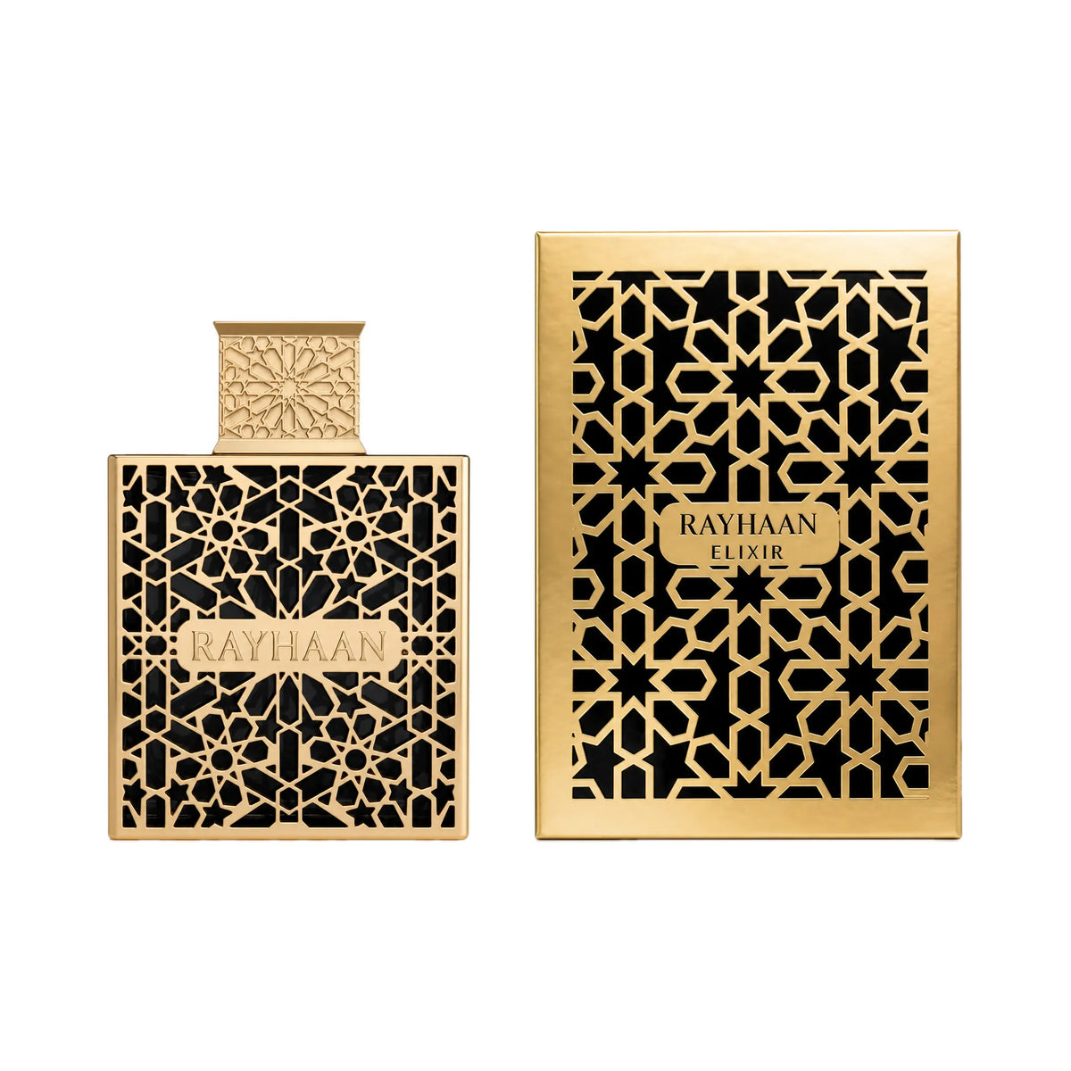 Frasco y caja de Elixir Rayhaan Eau de Parfum Para Hombre